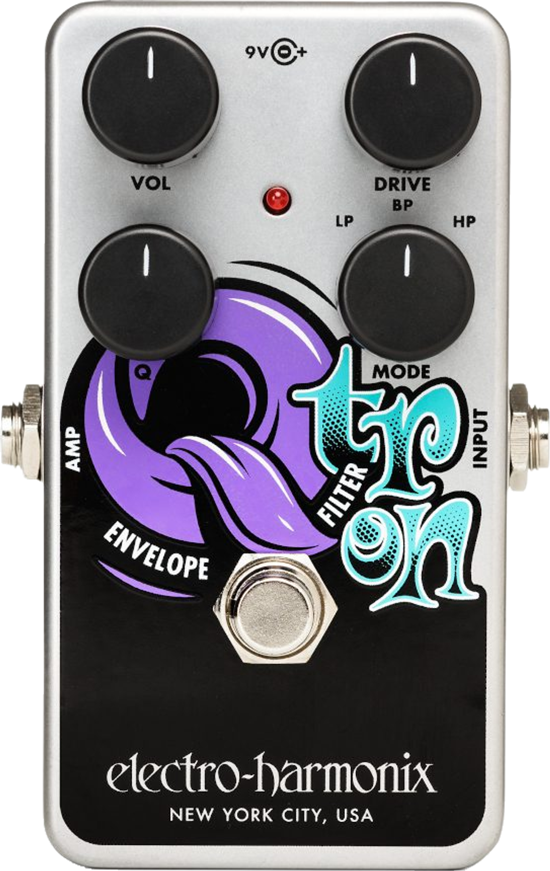 Electro-Harmonix Nano Q-Tron, top-down view, silver pedal with purple graphic, three knobs, mode switch and footswitch