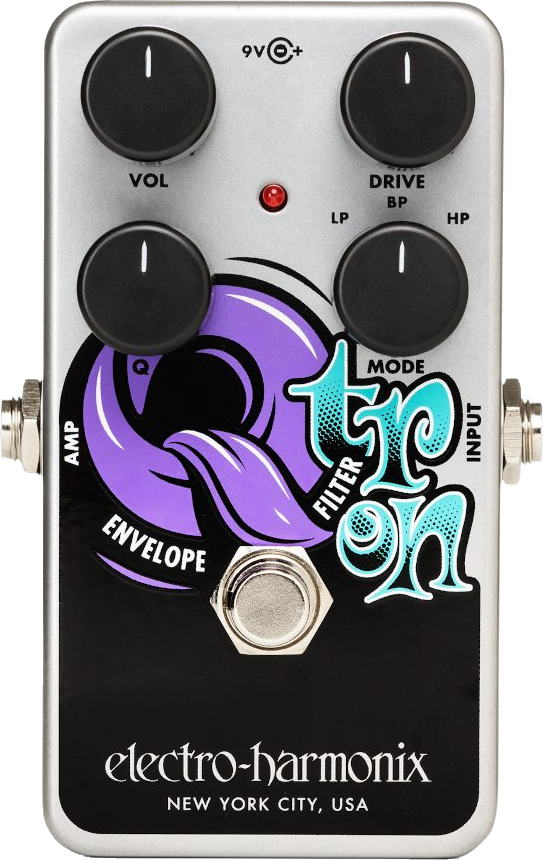 Electro-Harmonix Nano Q-Tron, top-down view, silver pedal with purple graphic, three knobs, mode switch and footswitch