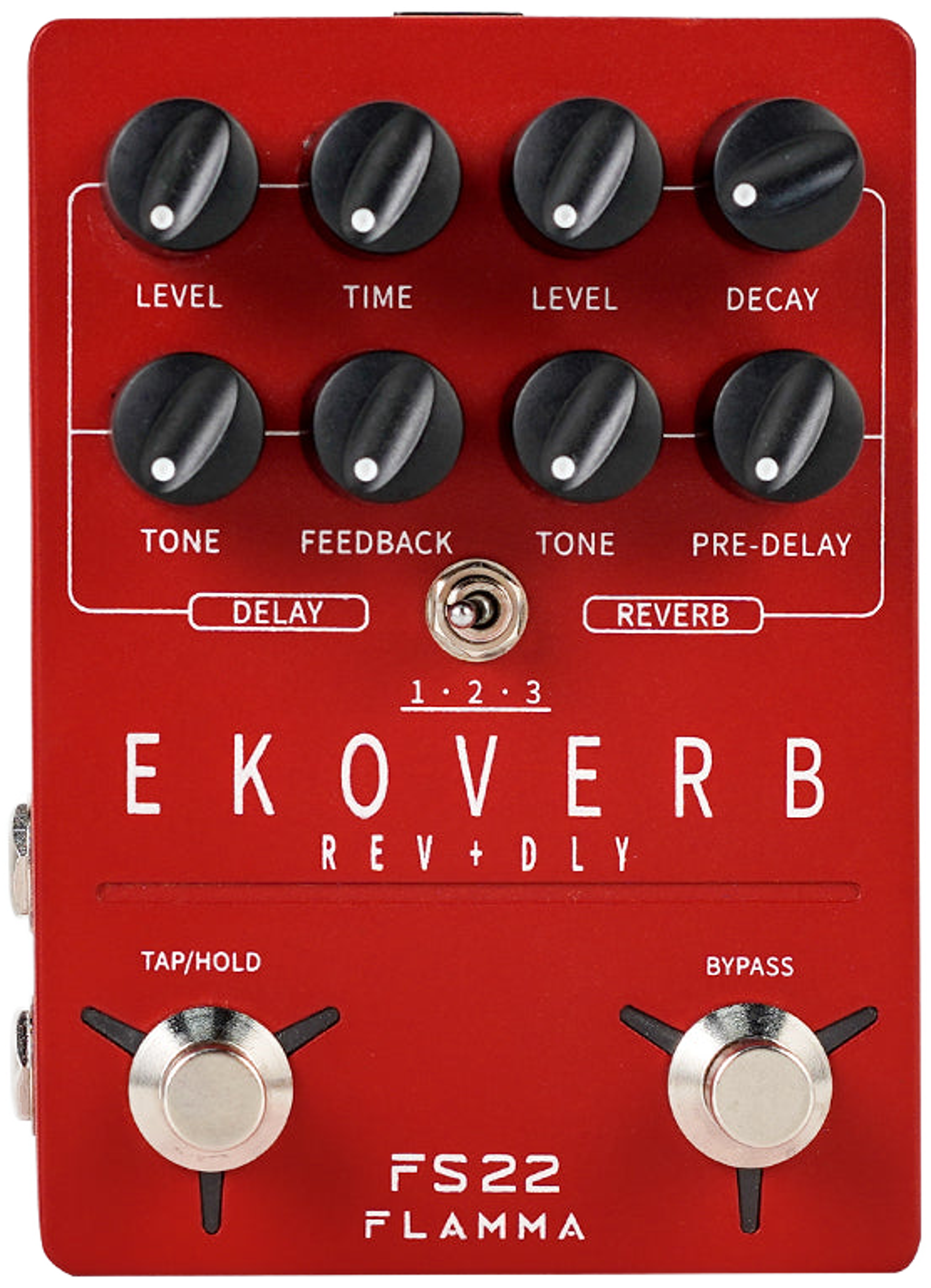 Flamma FS22 Ekoverb stereo delay and reverb pedal, top-down view, red enclosure with eight knobs, type switch and two footswitches