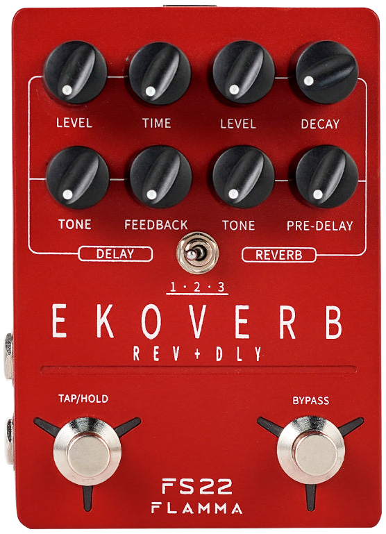 Flamma FS22 Ekoverb stereo delay and reverb pedal, top-down view, red enclosure with eight knobs, type switch and two footswitches