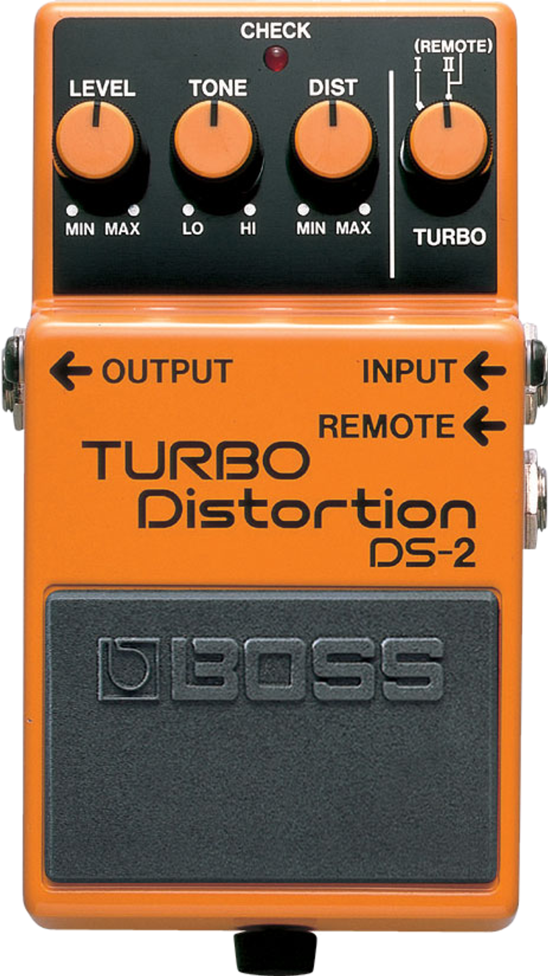 BOSS DS-2 Turbo Distortion, top-down, orange compact enclosure, Turbo selector knob, Remote jack
