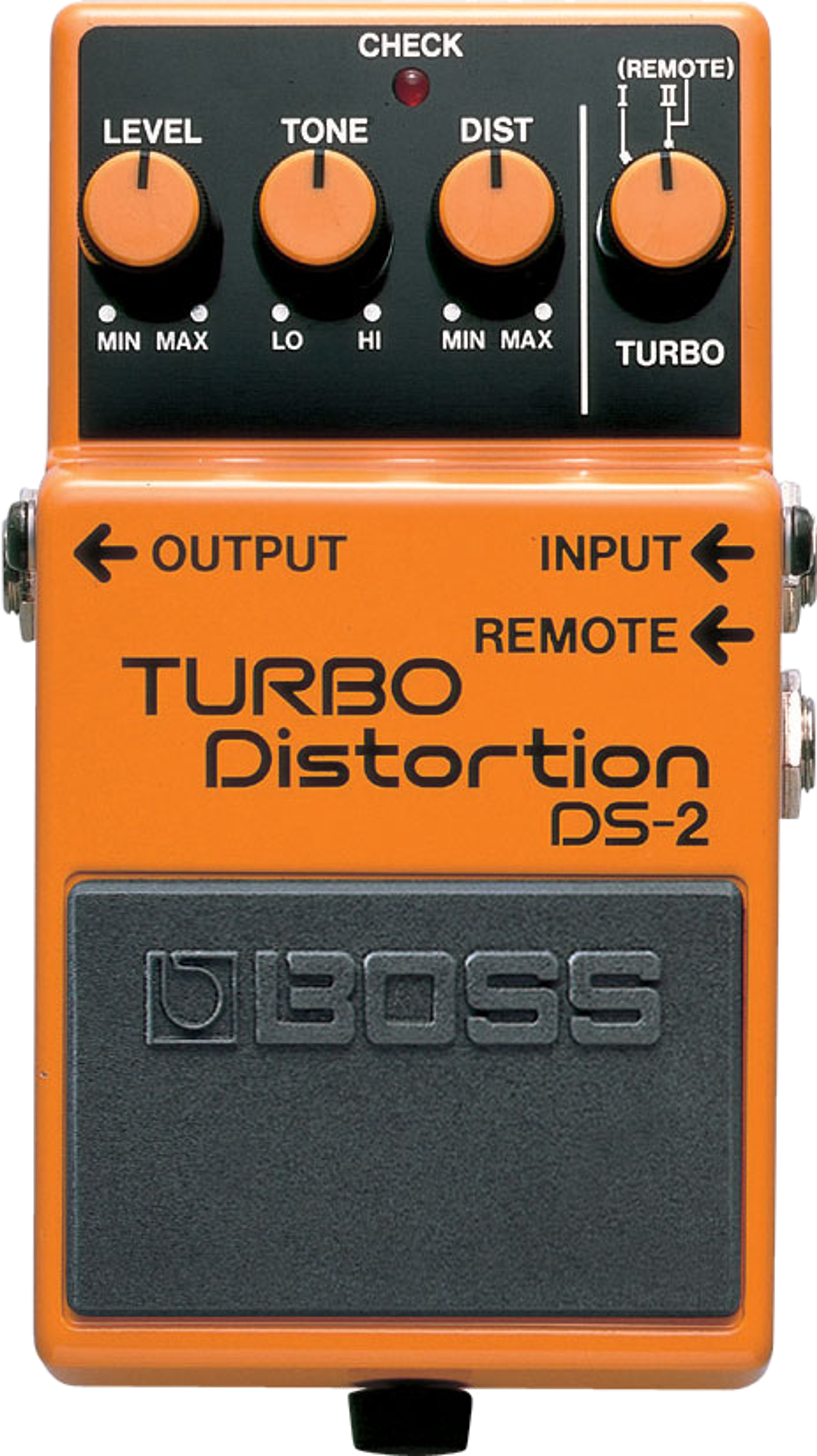 BOSS DS-2 Turbo Distortion, top-down, orange compact enclosure, Turbo selector knob, Remote jack