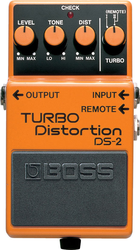 BOSS DS-2 Turbo Distortion, top-down, orange compact enclosure, Turbo selector knob, Remote jack