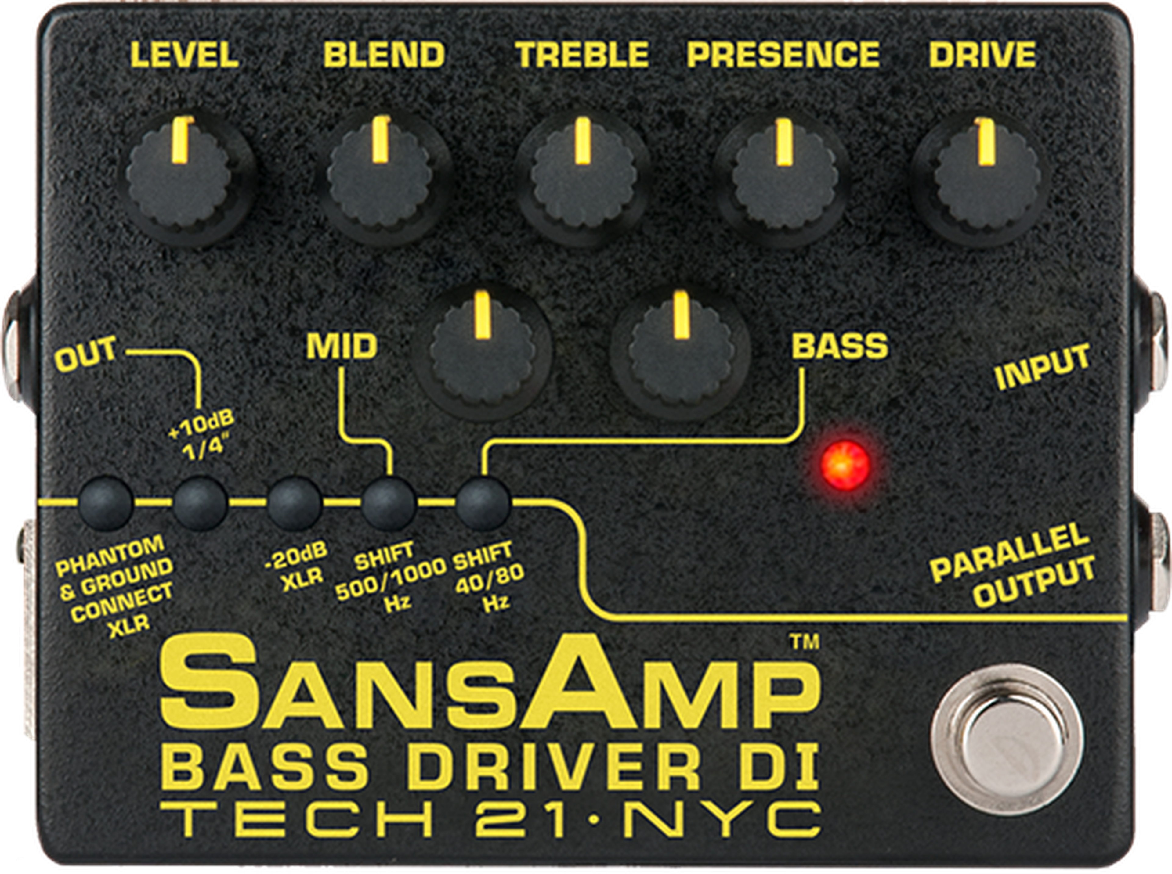 Tech 21 SansAmp Bass Driver DI, top view, black enclosure with yellow labels, six knobs, Mid and Bass shift switches, footswitch