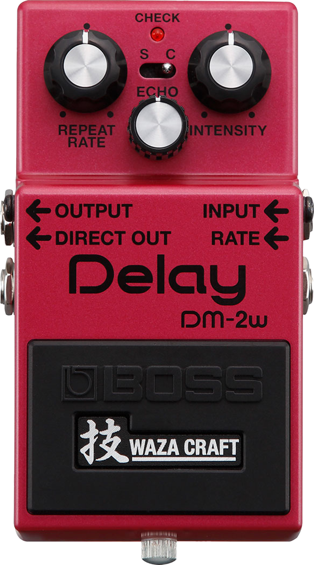 BOSS DM-2W Delay, top-down, red compact enclosure, three knobs, Waza Craft badge