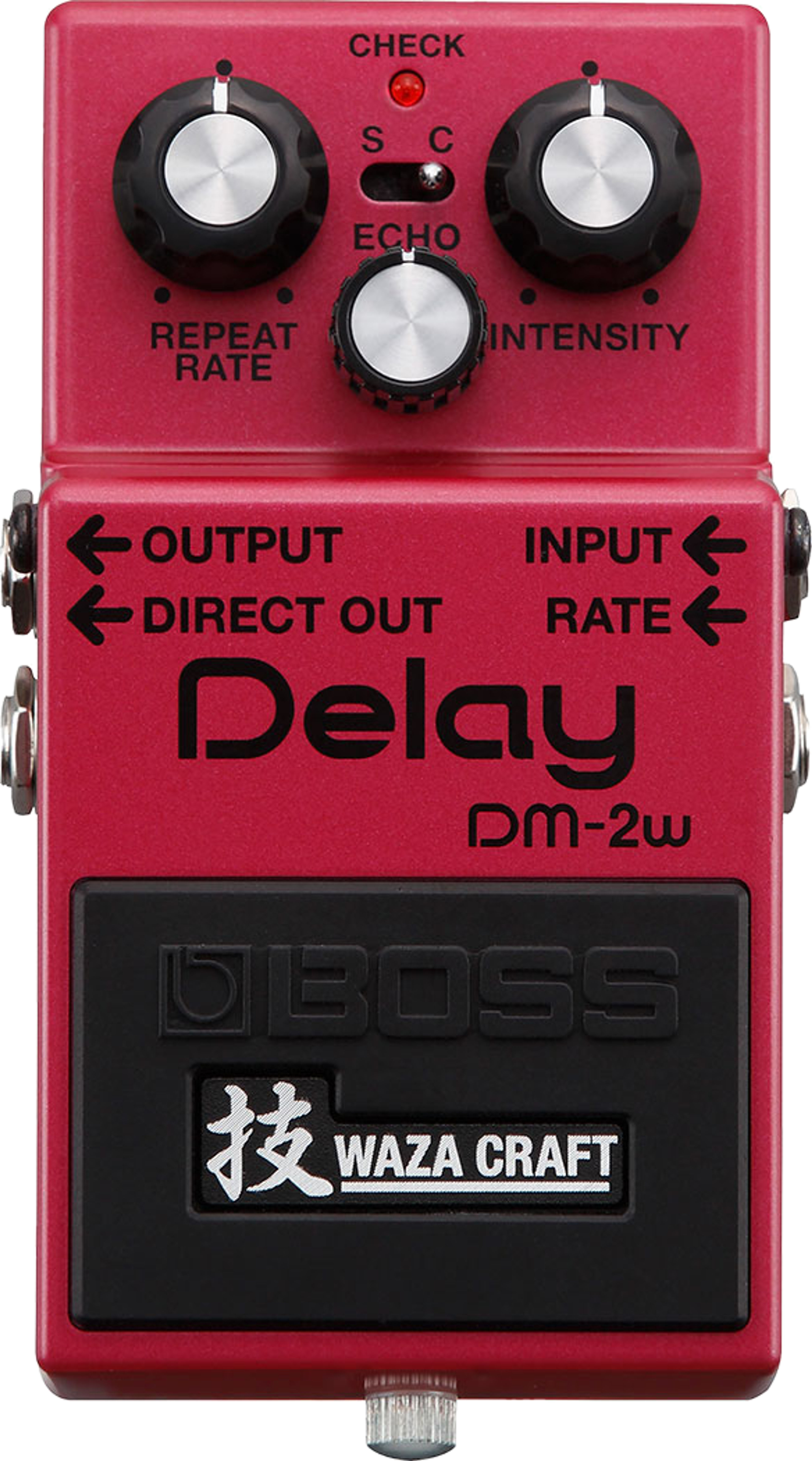 BOSS DM-2W Delay, top-down, red compact enclosure, three knobs, Waza Craft badge