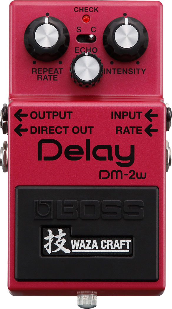 BOSS DM-2W Delay, top-down, red compact enclosure, three knobs, Waza Craft badge