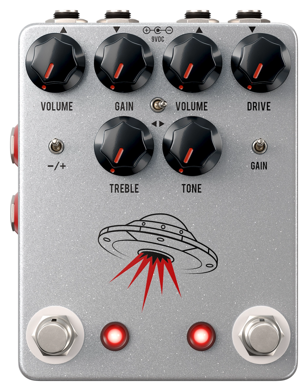 JHS Wanderer, top-down, silver enclosure with six black knobs, three toggles, UFO graphic and two footswitches
