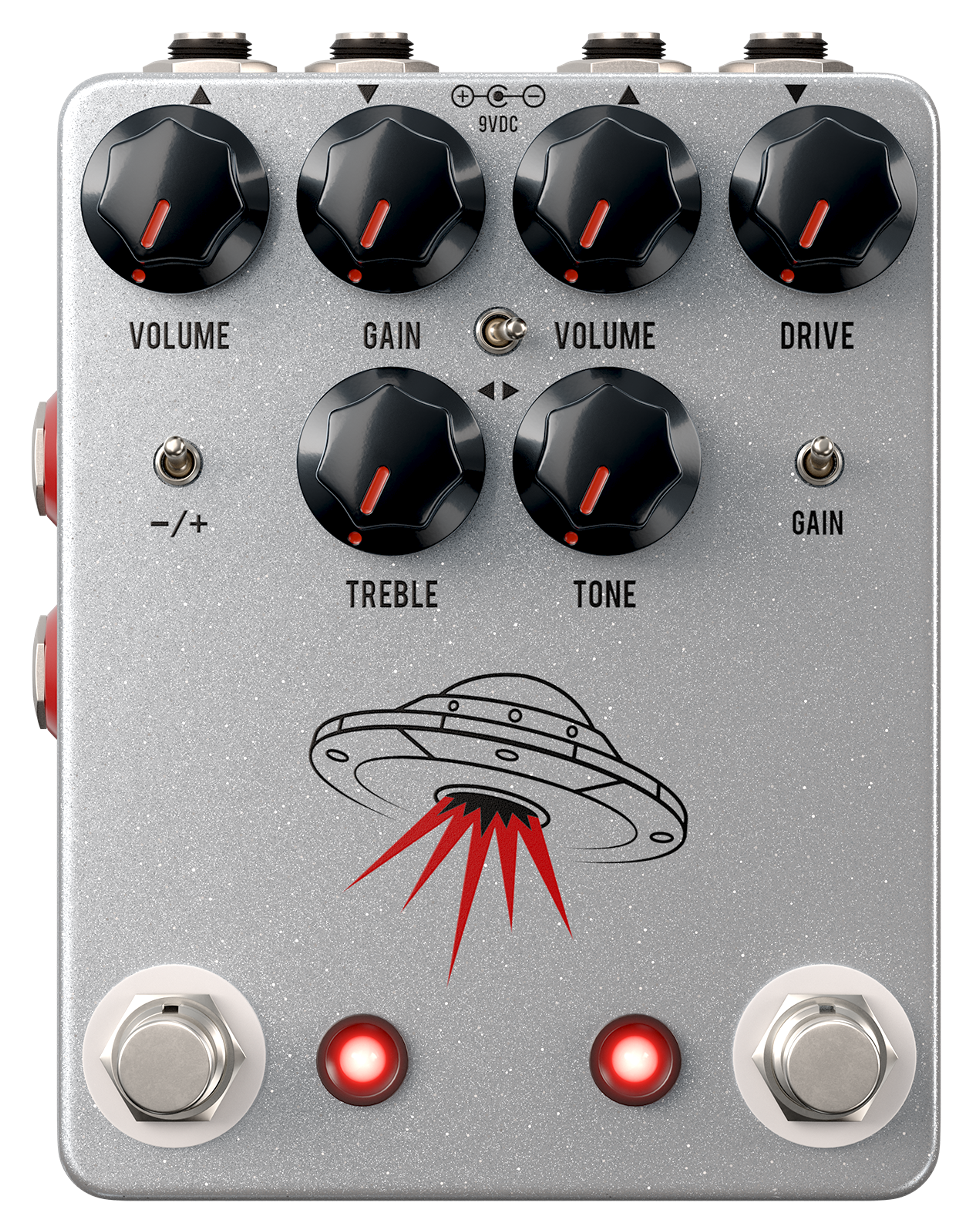 JHS Wanderer, top-down, silver enclosure with six black knobs, three toggles, UFO graphic and two footswitches