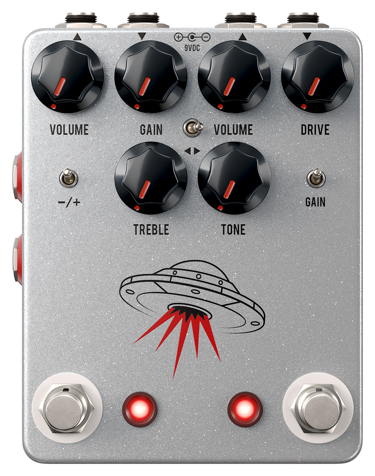 JHS Wanderer, top-down, silver enclosure with six black knobs, three toggles, UFO graphic and two footswitches