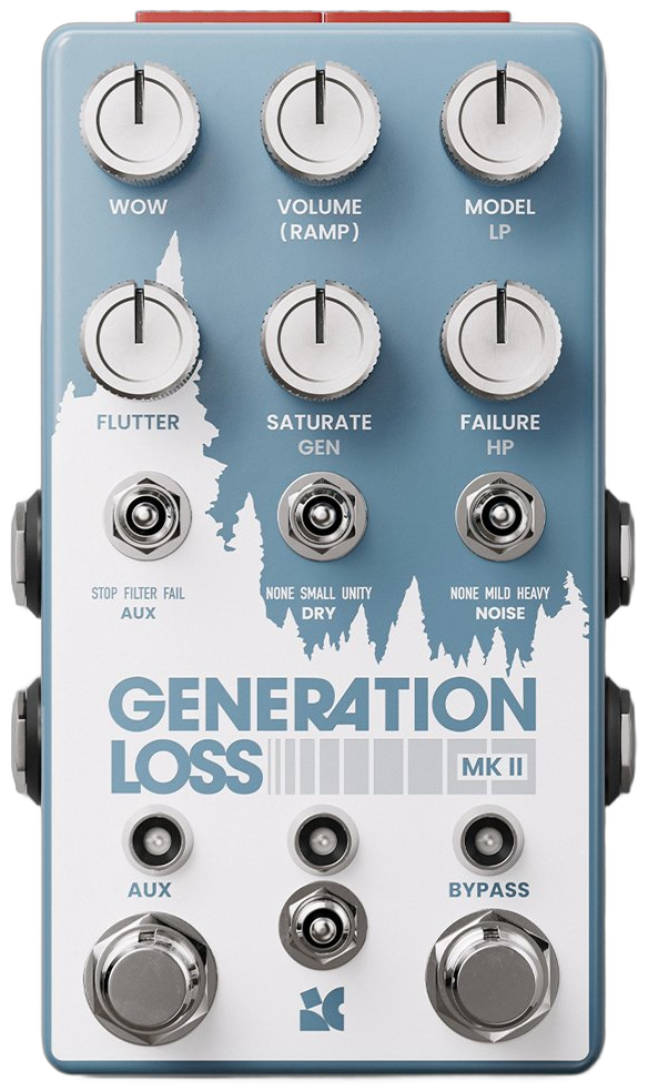 Chase Bliss Generation Loss MKII, top-down view, pale blue and white enclosure, six white knobs, three toggles