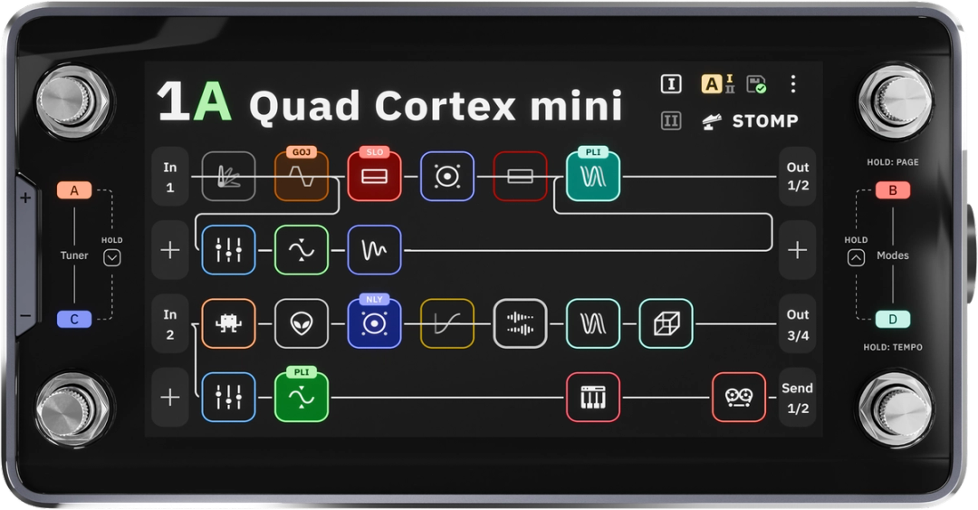 Neural DSP Quad Cortex Mini, top-down, anodised aluminium chassis, 7-inch touchscreen, four rotary footswitches