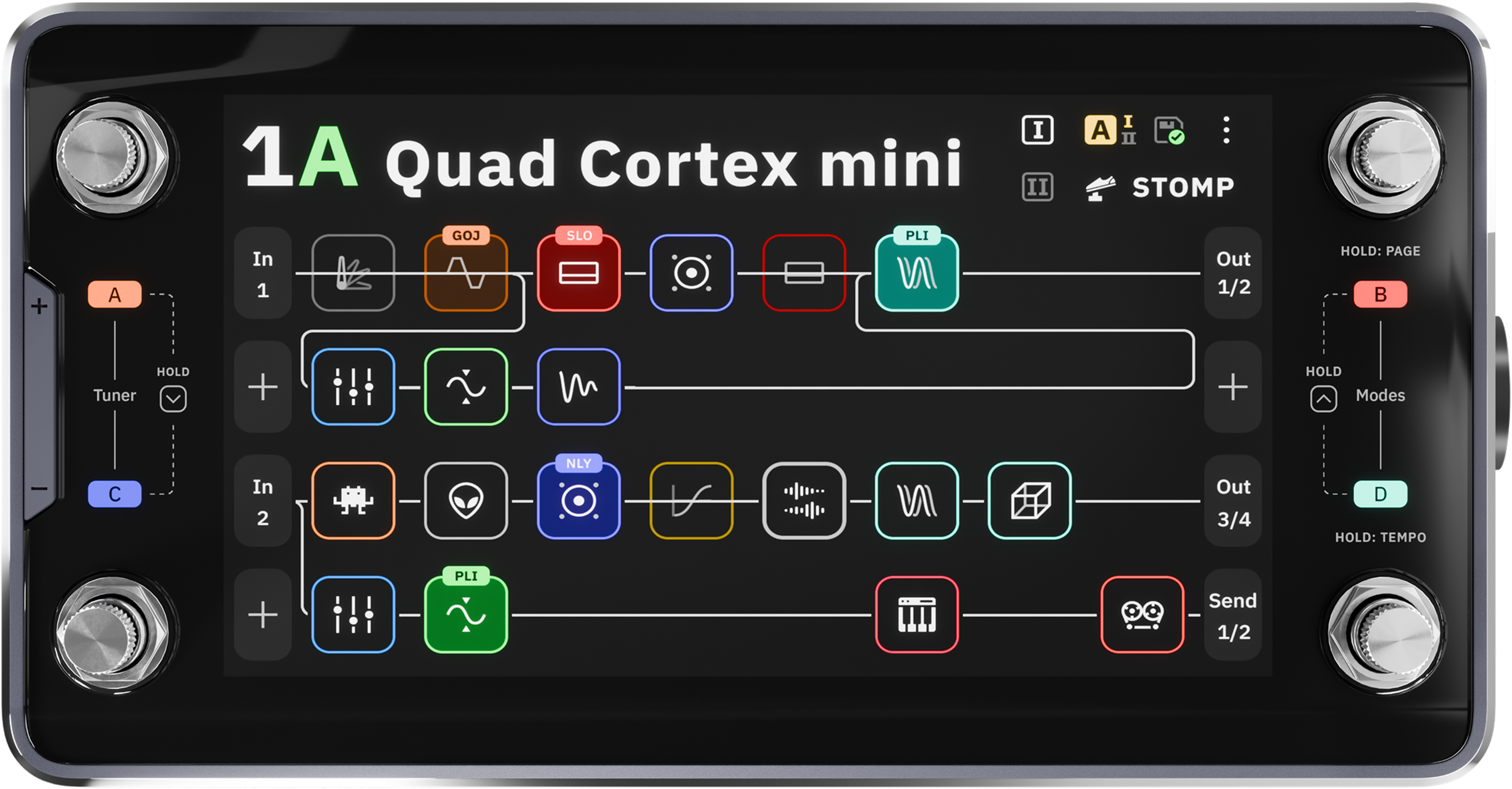 Neural DSP Quad Cortex Mini, top-down, anodised aluminium chassis, 7-inch touchscreen, four rotary footswitches