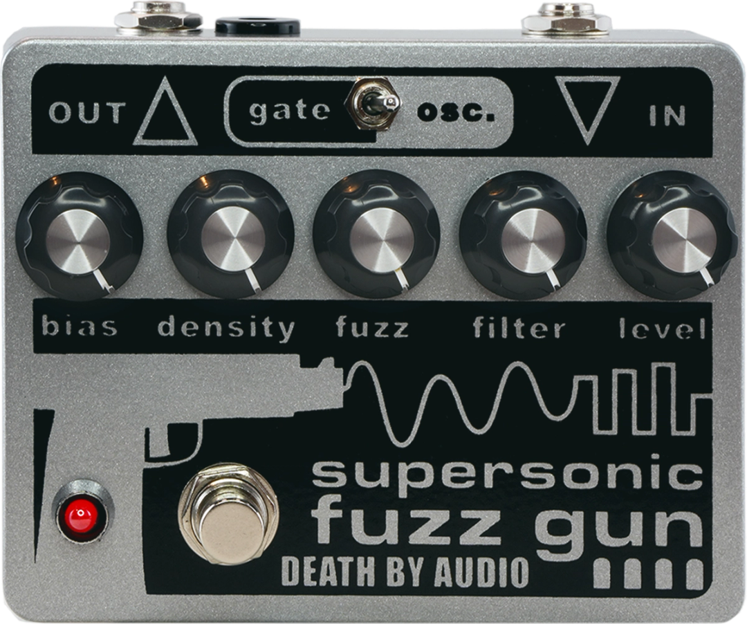 Death By Audio Supersonic Fuzz Gun fuzz pedal, front view, silver enclosure with black panel, five knobs, Gate/Osc toggle, red LED and footswitch