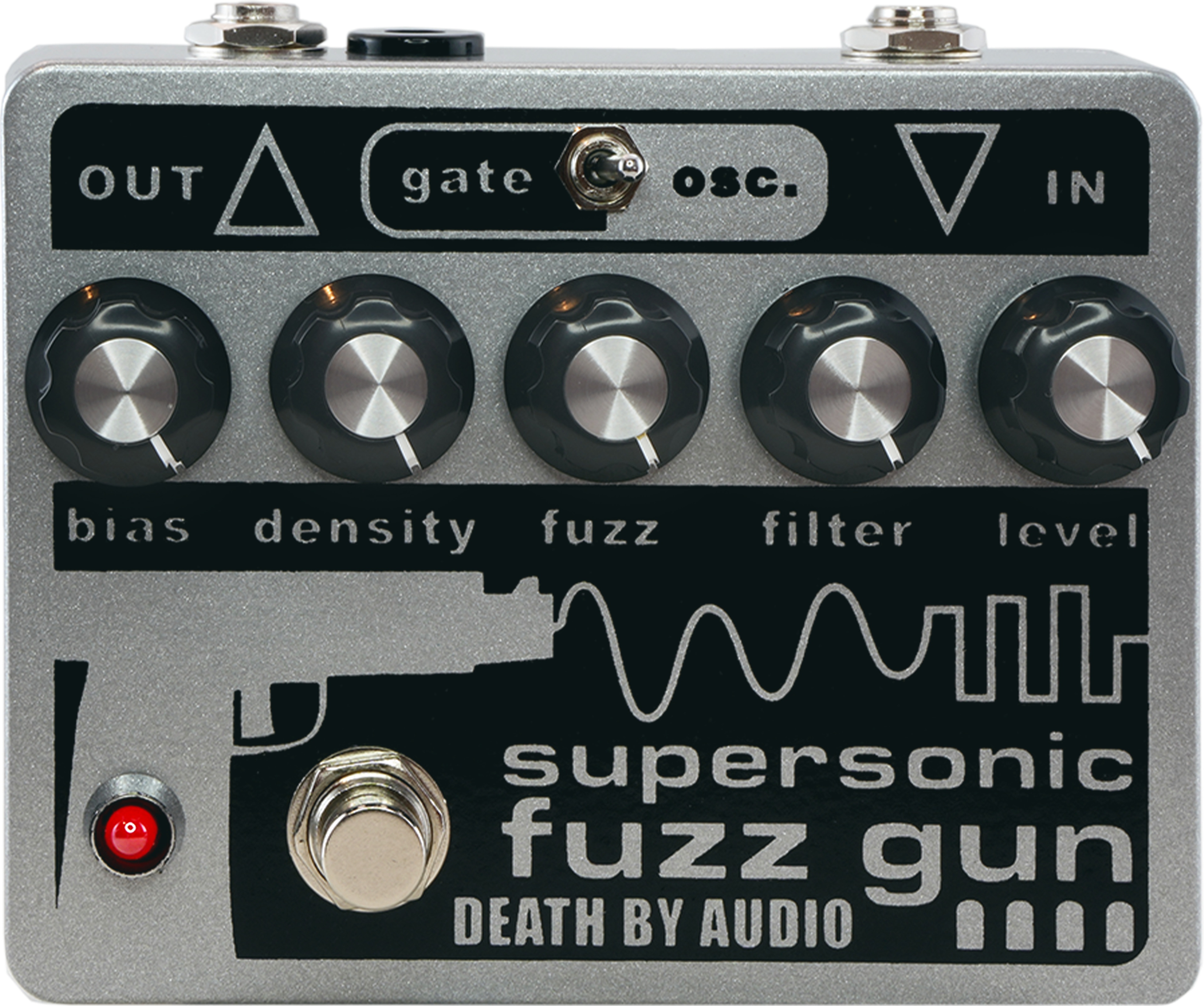 Death By Audio Supersonic Fuzz Gun fuzz pedal, front view, silver enclosure with black panel, five knobs, Gate/Osc toggle, red LED and footswitch