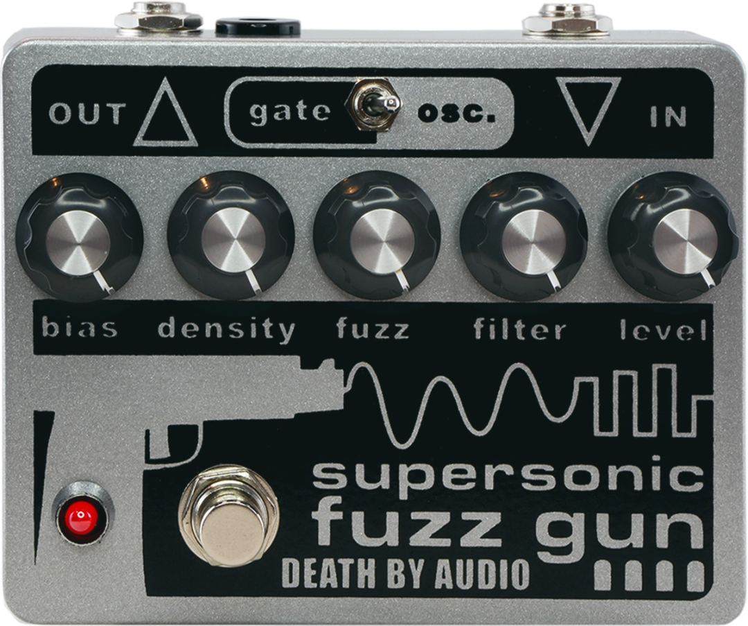 Death By Audio Supersonic Fuzz Gun fuzz pedal, front view, silver enclosure with black panel, five knobs, Gate/Osc toggle, red LED and footswitch