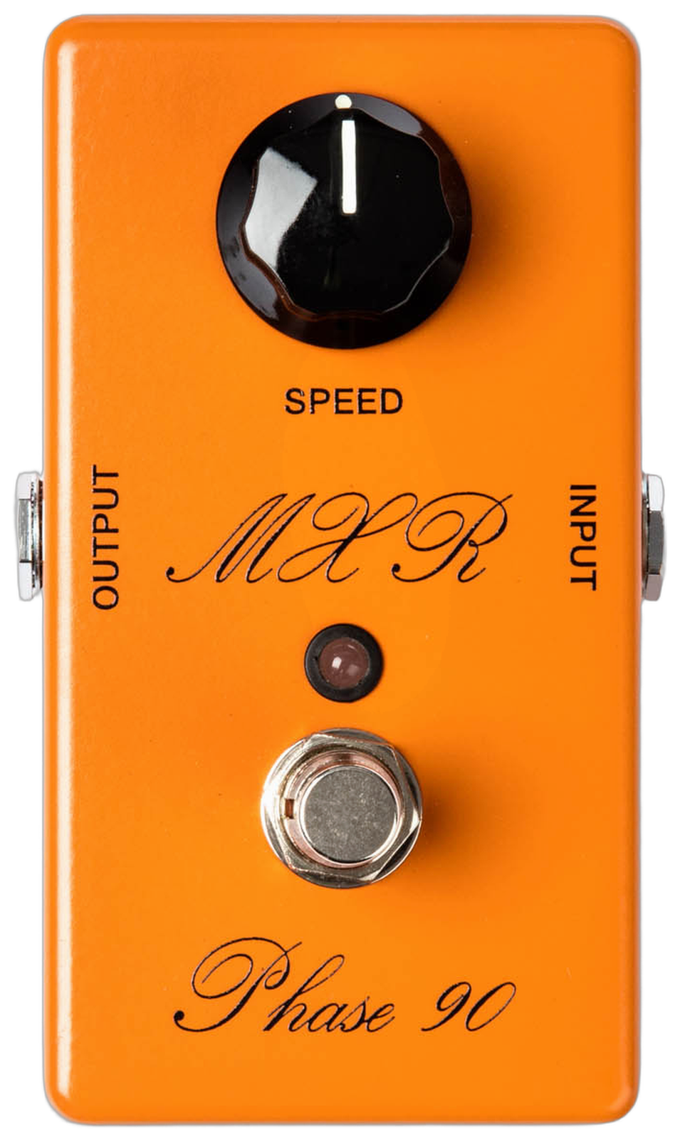MXR Script Phase 90 CSP101SL, top-down view, orange enclosure, black Speed knob, script MXR and Phase 90 logos, status LED