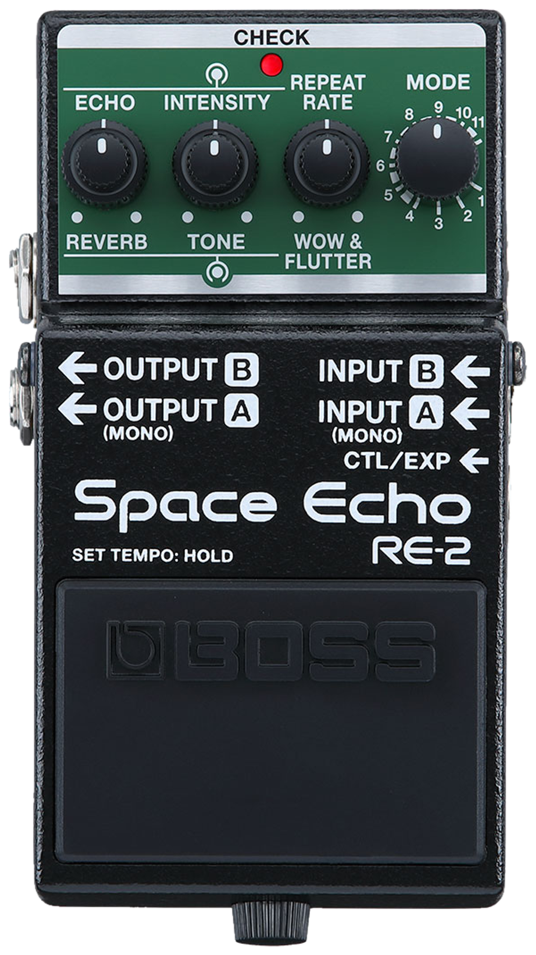 BOSS RE-2 Space Echo, top-down view, black enclosure, green panel, Echo, Intensity and Repeat Rate knobs, Mode selector