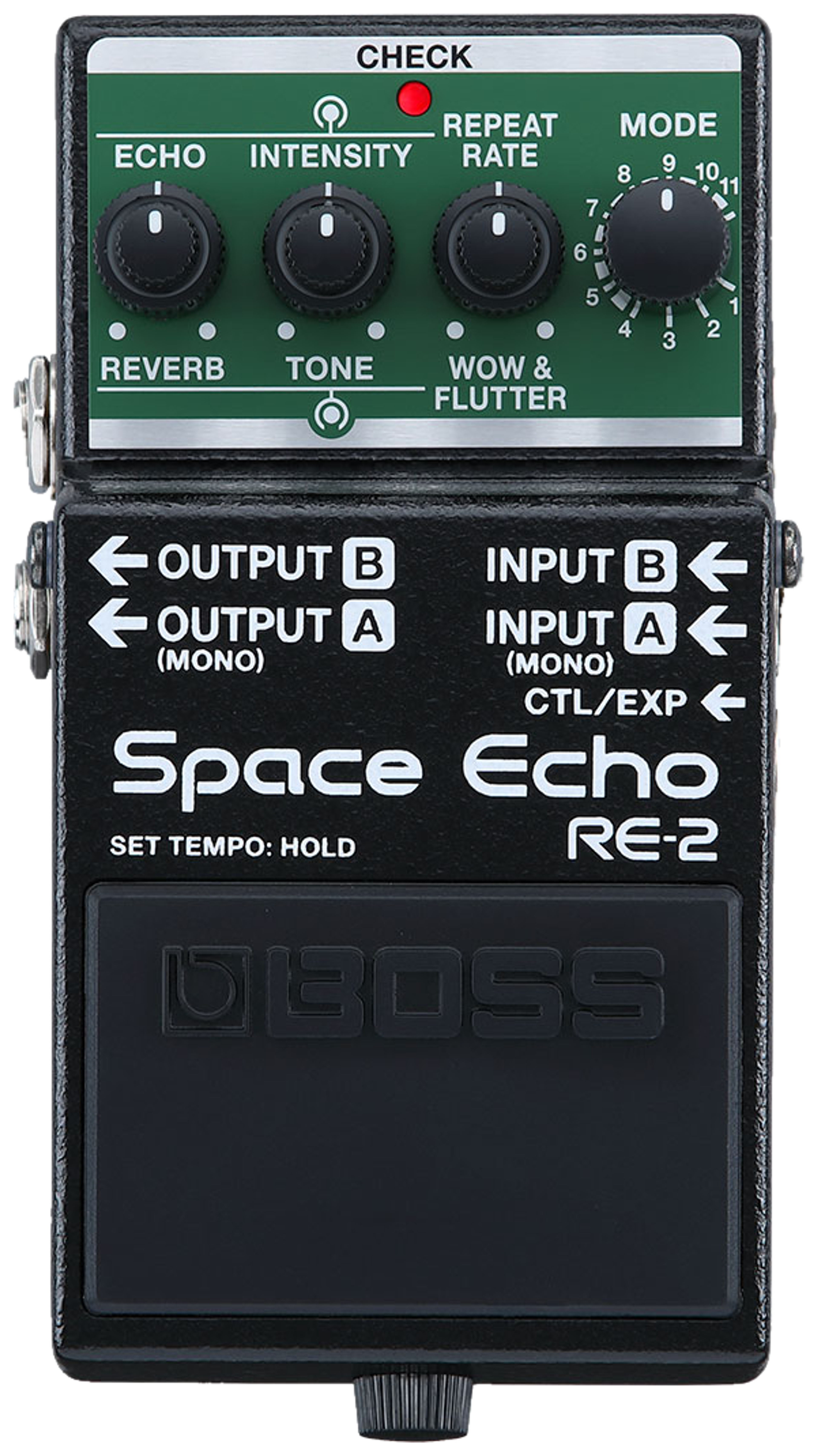 BOSS RE-2 Space Echo, top-down view, black enclosure, green panel, Echo, Intensity and Repeat Rate knobs, Mode selector