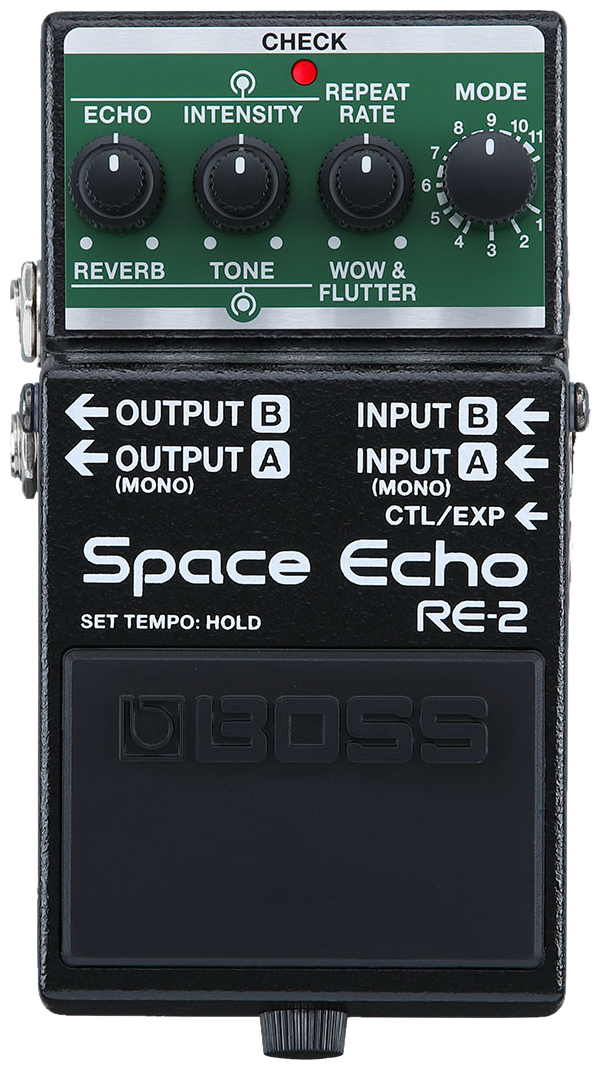 BOSS RE-2 Space Echo, top-down view, black enclosure, green panel, Echo, Intensity and Repeat Rate knobs, Mode selector