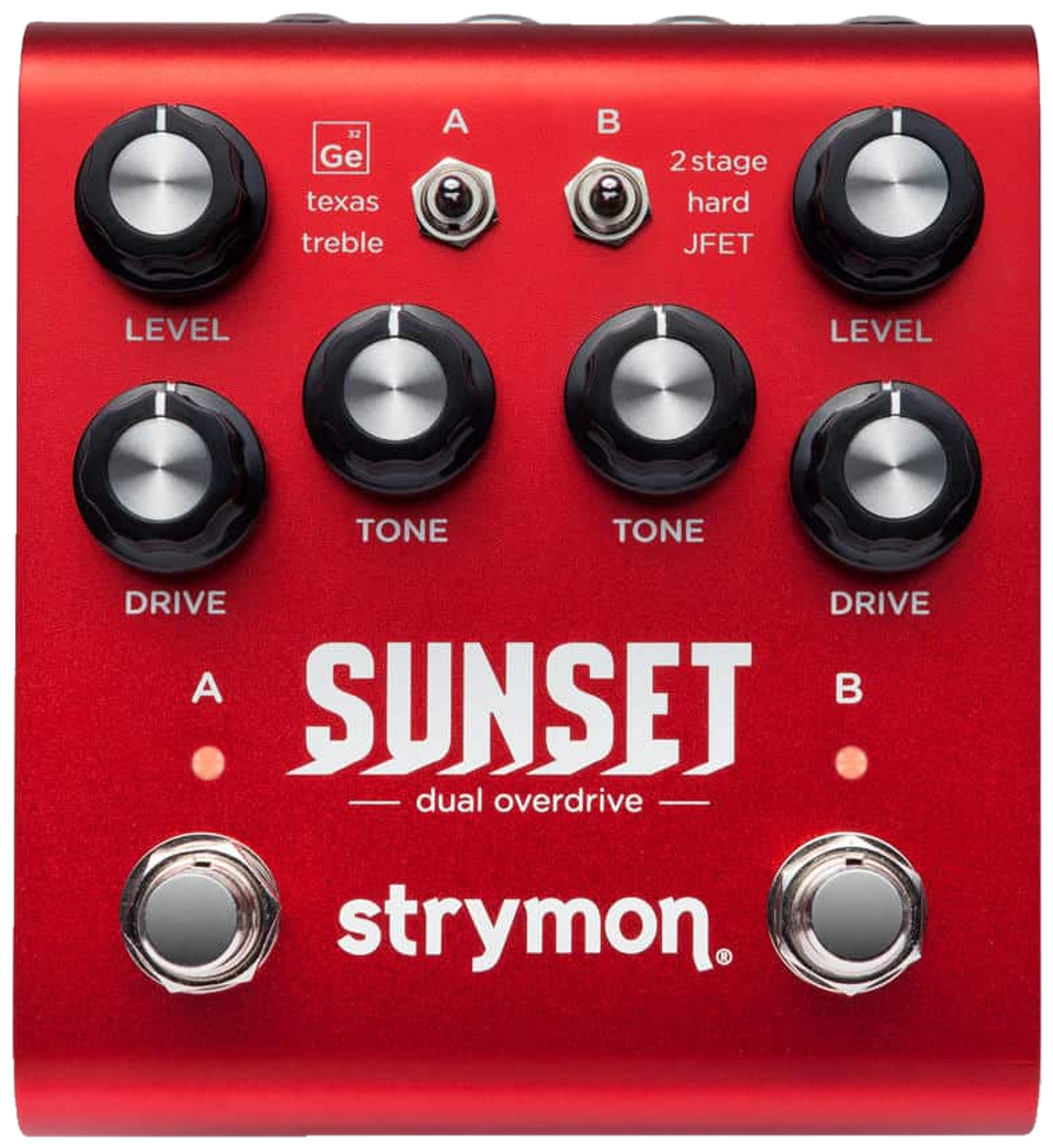 Strymon Sunset Dual Overdrive, top-down view, red enclosure, Level, Drive and Tone knobs for channels A and B, two toggle switches, two footswitches