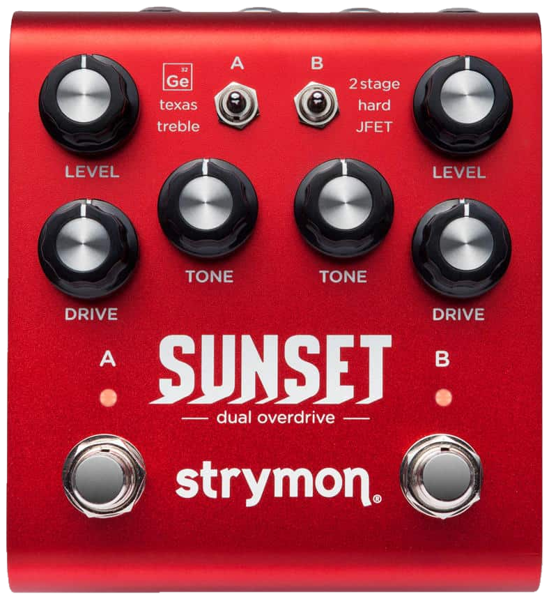 Strymon Sunset Dual Overdrive, top-down view, red enclosure, Level, Drive and Tone knobs for channels A and B, two toggle switches, two footswitches