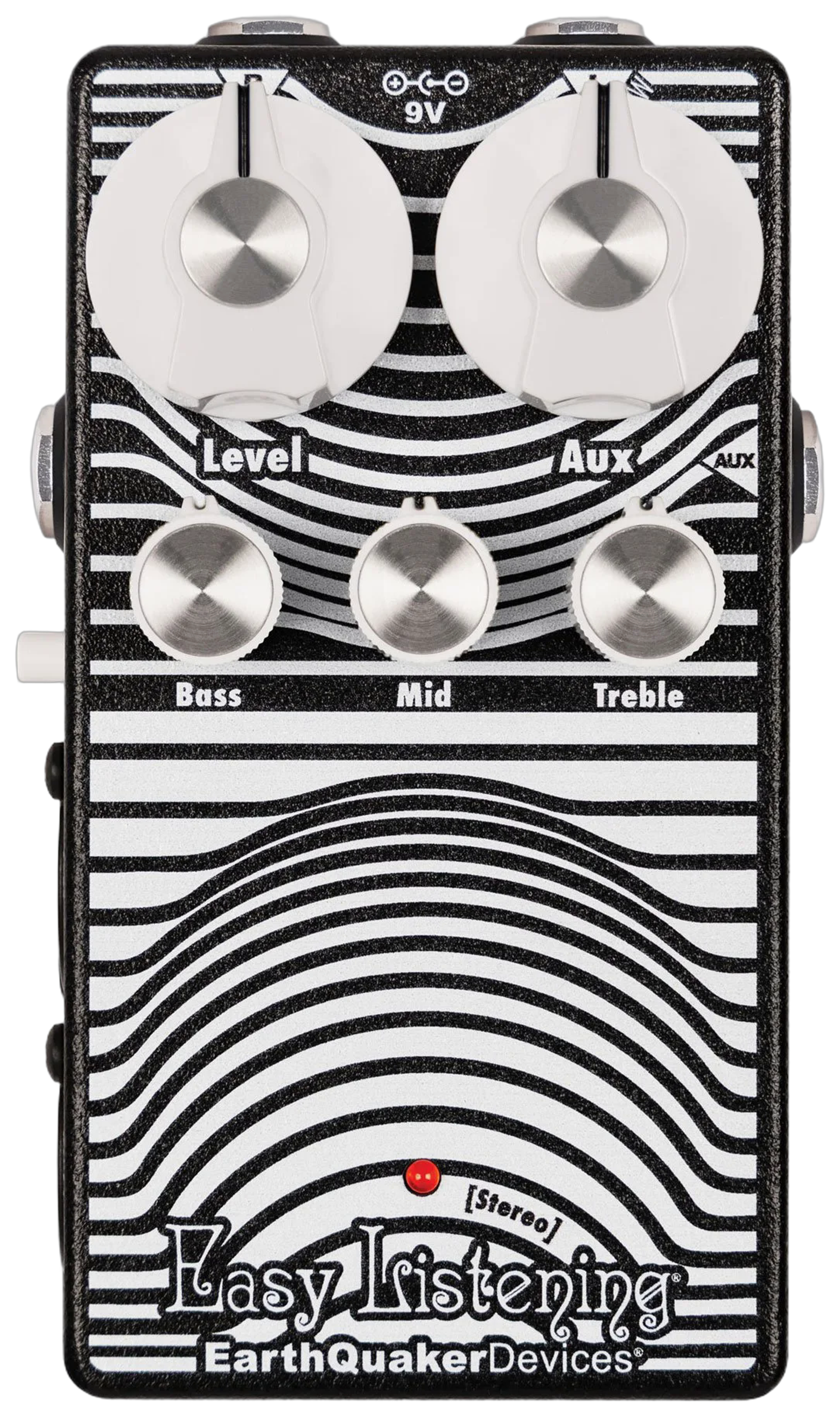 EarthQuaker Devices Stereo Easy Listening, top-down view, white contour faceplate, Level Aux Bass Mid Treble knobs