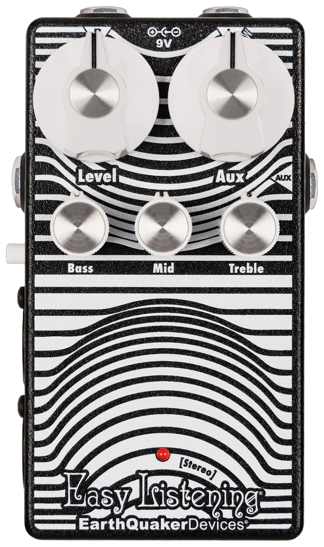 EarthQuaker Devices Stereo Easy Listening, top-down view, white contour faceplate, Level Aux Bass Mid Treble knobs