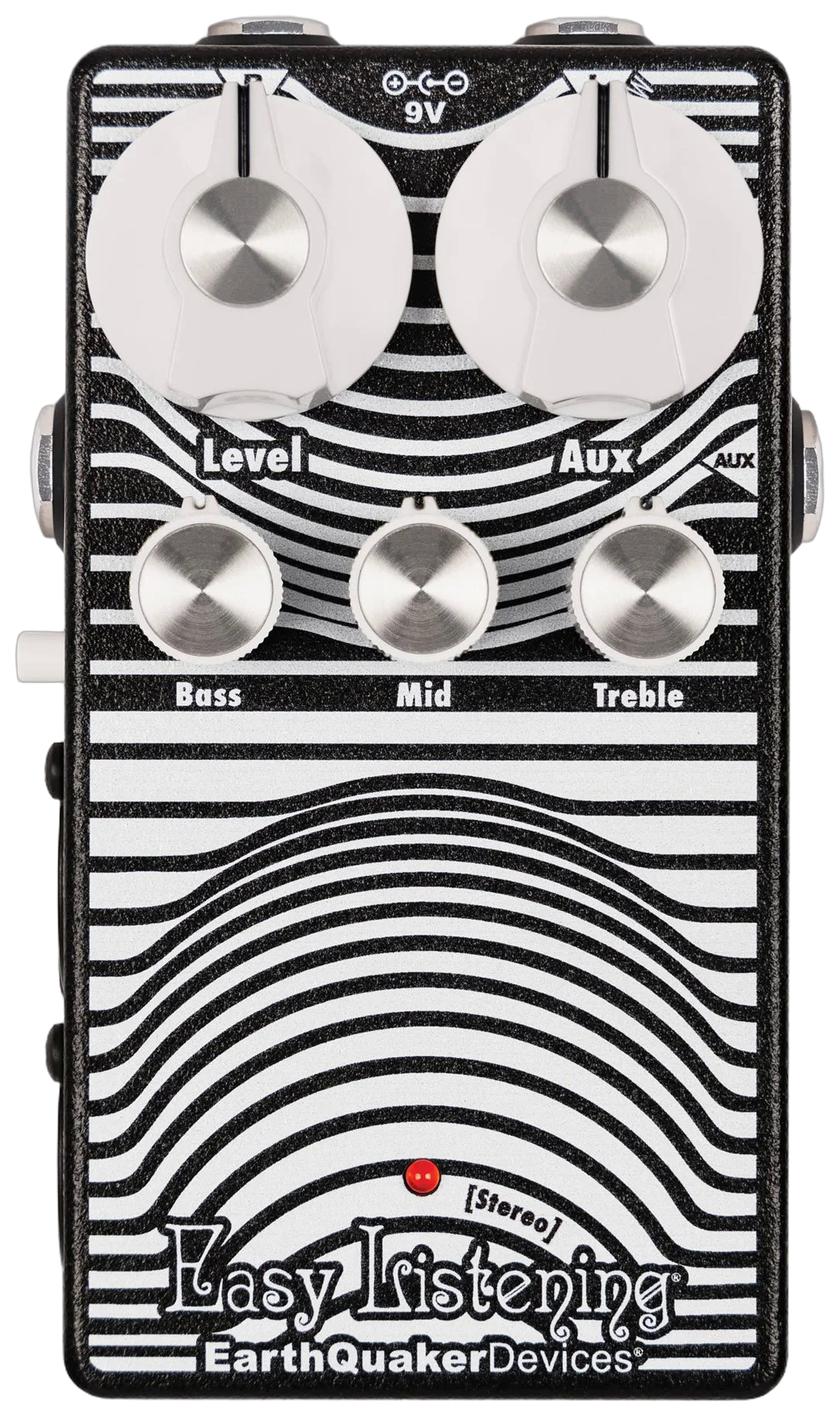 EarthQuaker Devices Stereo Easy Listening, top-down packshot, white contour faceplate with Level Aux and EQ knobs