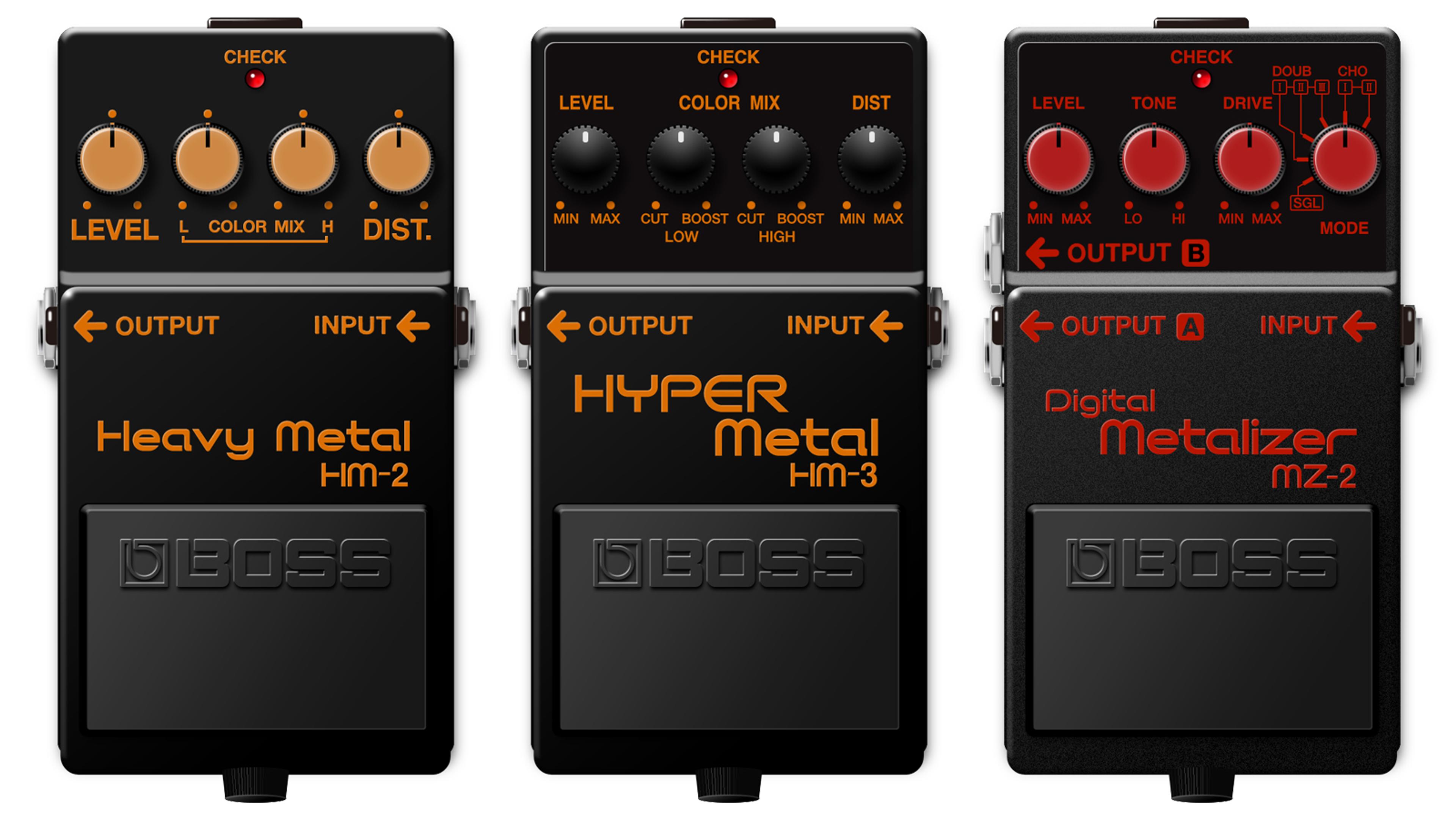 BOSS HM-2 Heavy Metal, HM-3 HYPER Metal and MZ-2 Digital Metalizer compact pedals side by side, all black, with orange graphics on the HM-2 and HM-3 and red on the MZ-2
