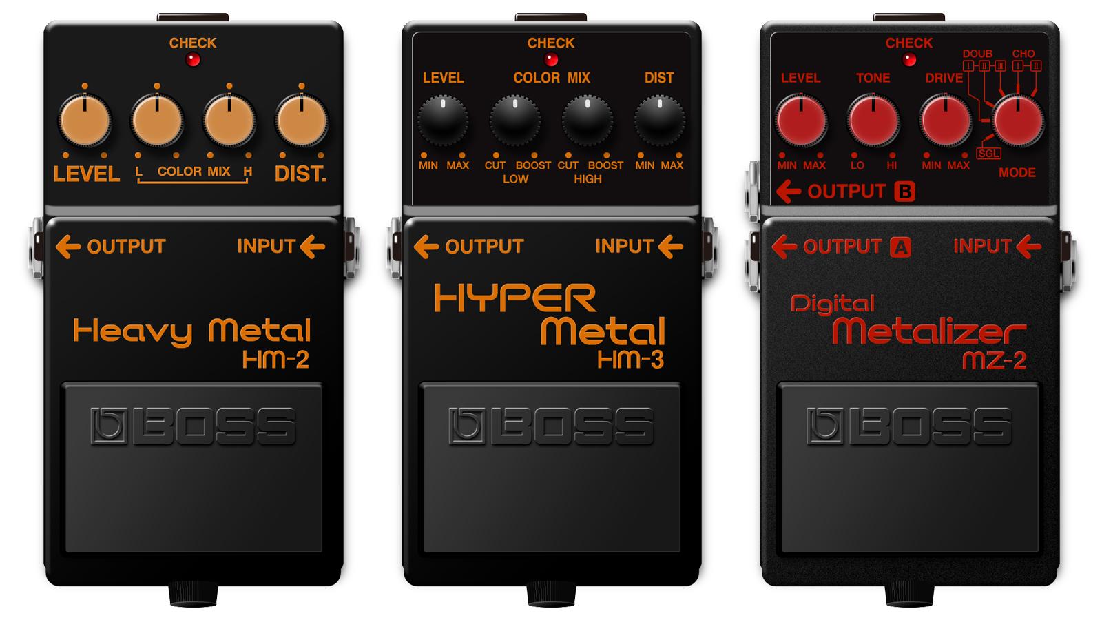 BOSS HM-2 Heavy Metal, HM-3 HYPER Metal and MZ-2 Digital Metalizer compact pedals side by side, all black, with orange graphics on the HM-2 and HM-3 and red on the MZ-2