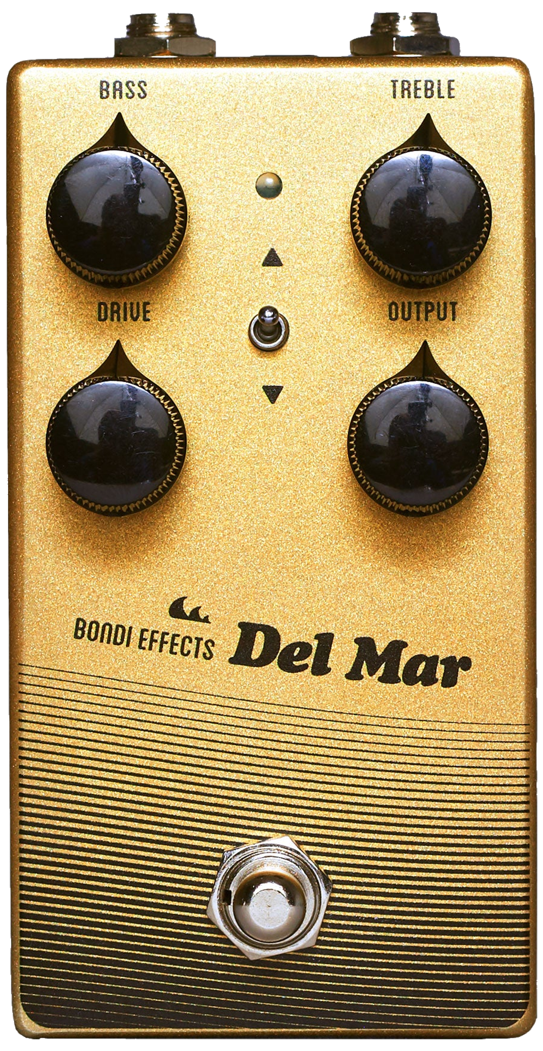 Bondi Effects Del Mar Overdrive mk2, top-down, gold enclosure, four black knobs, wave graphic