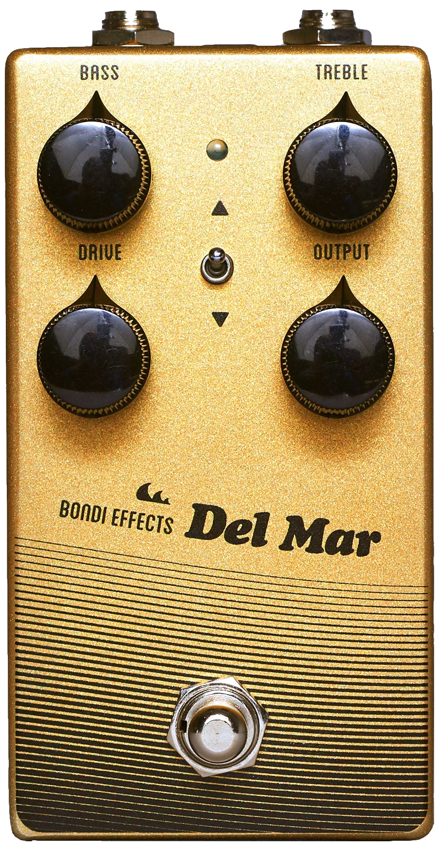 Bondi Effects Del Mar Overdrive mk2, top-down, gold enclosure, four black knobs, wave graphic