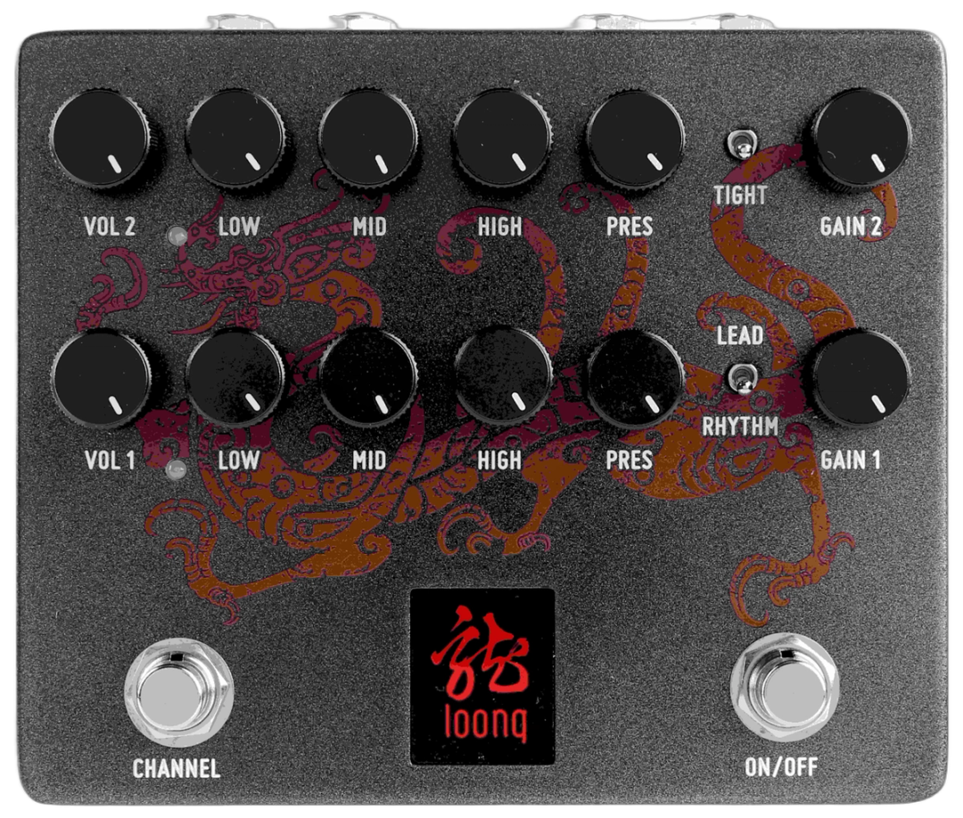 Tone City LOONG, top-down packshot, charcoal enclosure with dragon graphic, dual VOL LOW MID HIGH PRES GAIN rows