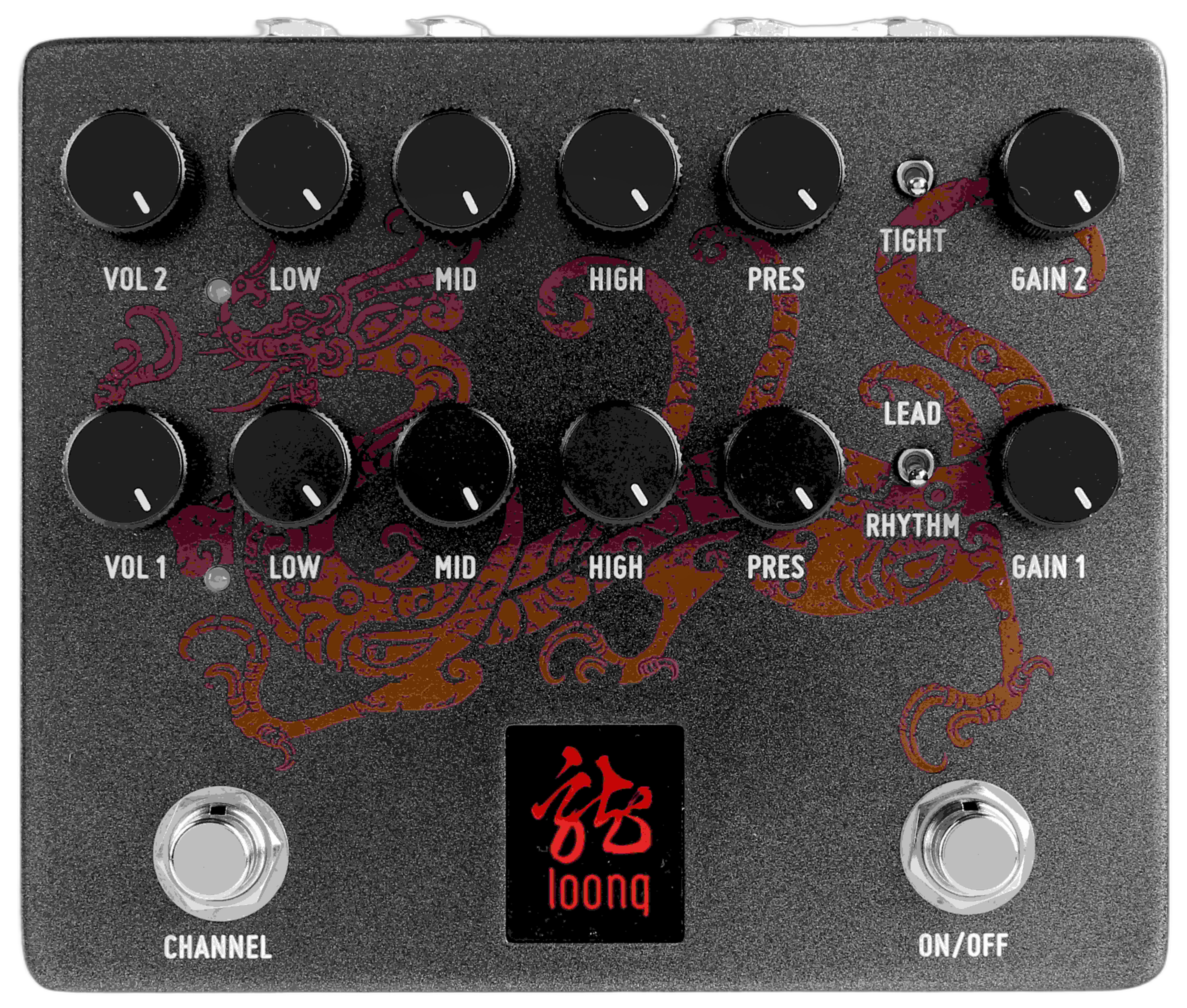 Tone City LOONG, top-down packshot, charcoal enclosure with dragon graphic, dual VOL LOW MID HIGH PRES GAIN rows
