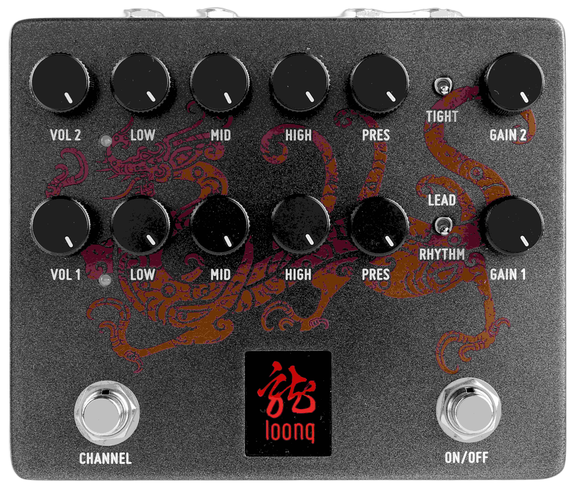 Tone City LOONG top-down packshot with dual EQ rows, Tight and Lead/Rhythm toggles, Channel and On/Off footswitches