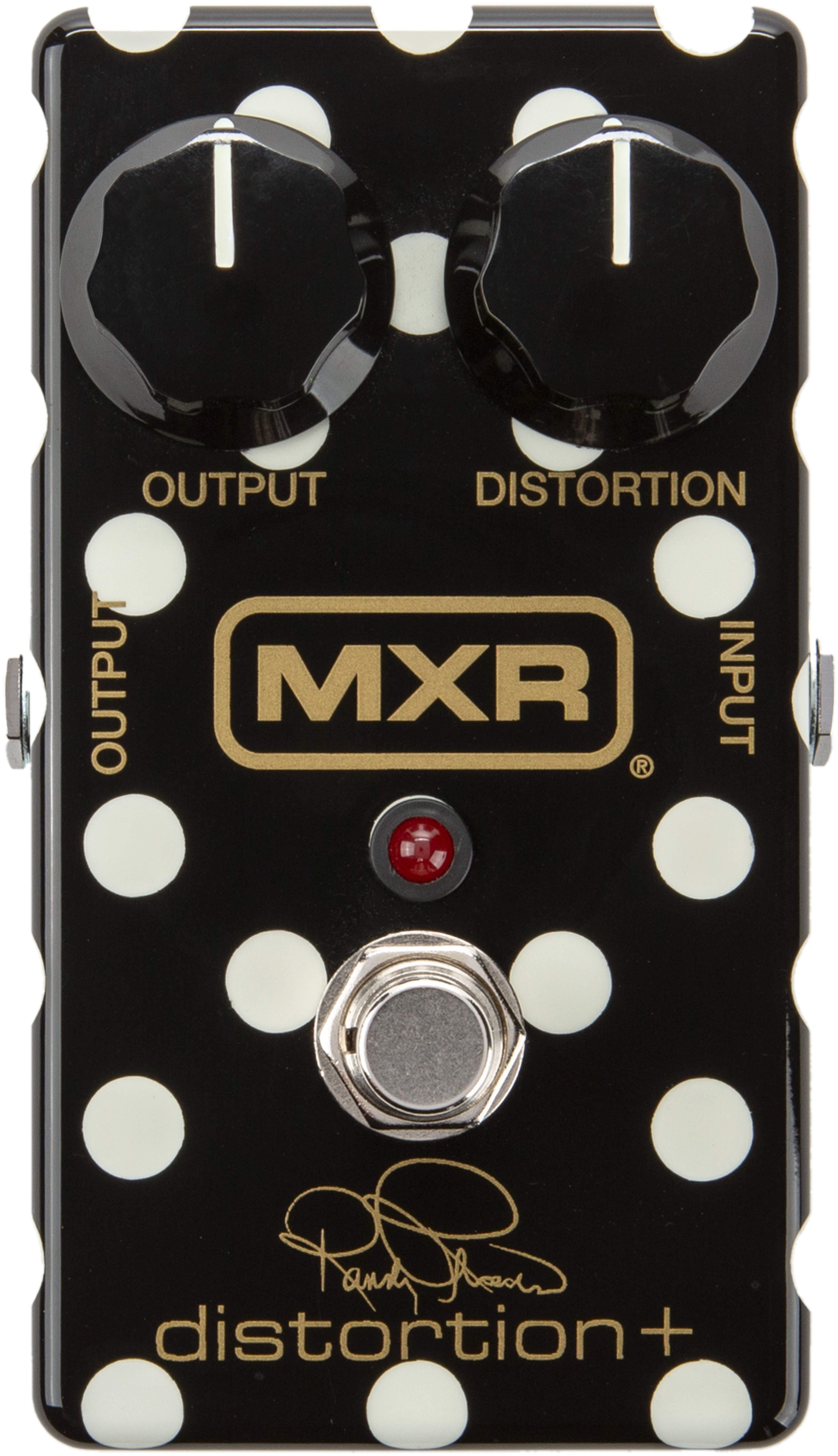 MXR Randy Rhoads Distortion+ RR104, top view, black polka-dot enclosure, gold MXR logo, Output and Distortion knobs