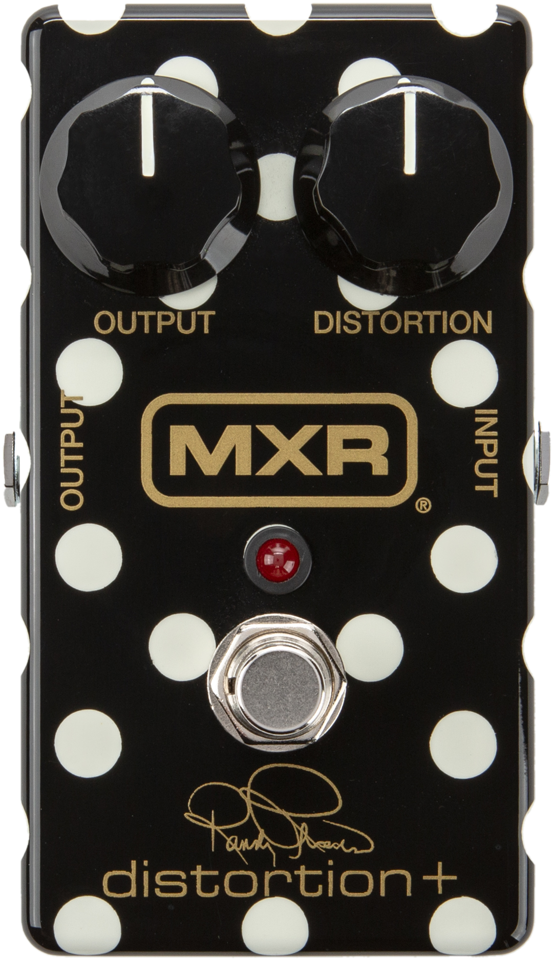 MXR Randy Rhoads Distortion+ RR104, top view, black polka-dot enclosure, gold MXR logo, Output and Distortion knobs