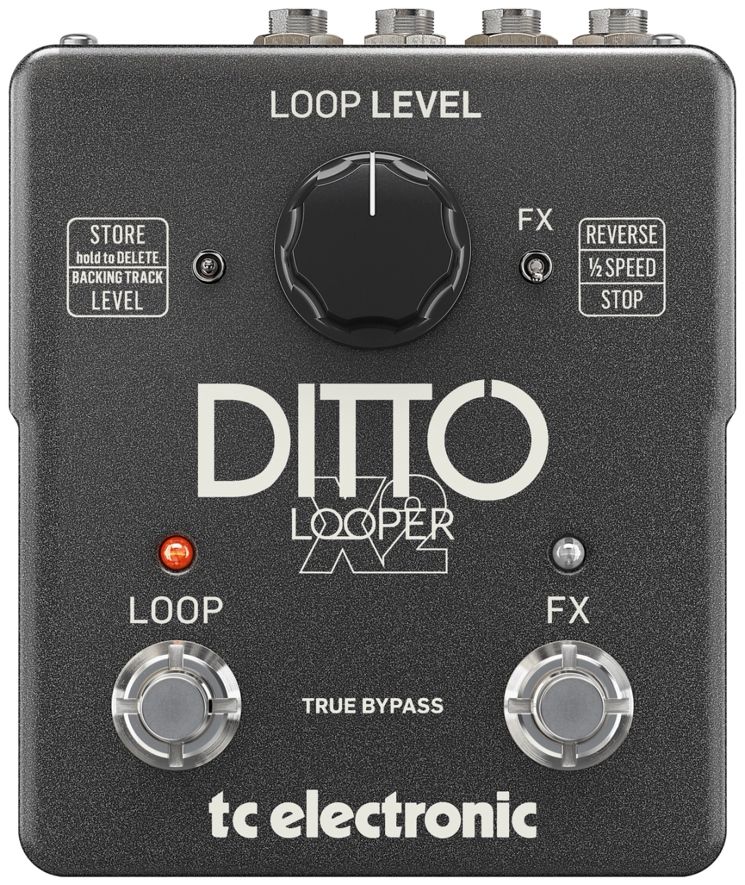 TC Electronic Ditto X2 Looper, top-down view, dark grey housing, Loop Level knob, Loop and FX footswitches