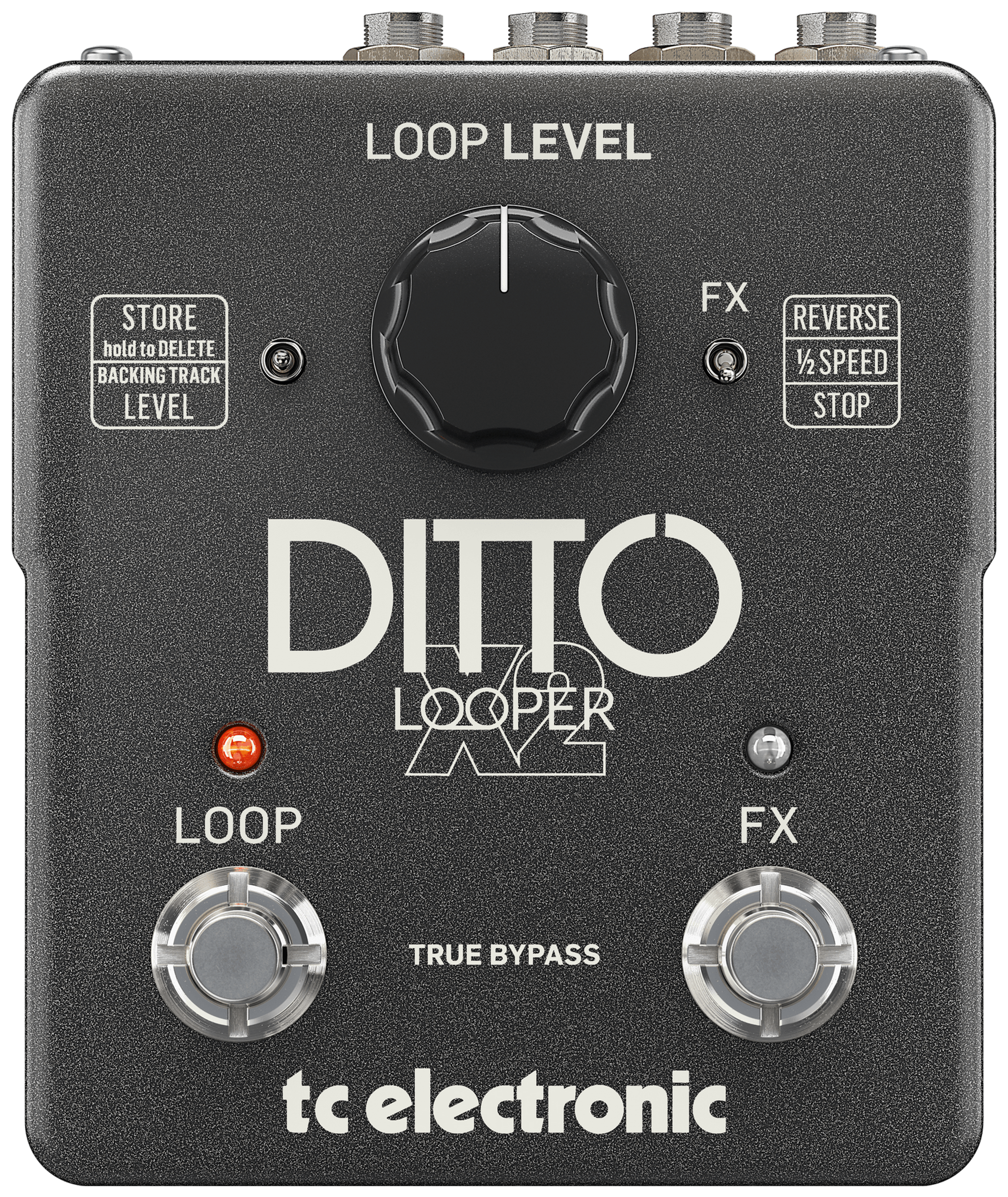 TC Electronic Ditto X2 Looper, top-down view, dark grey housing, Loop Level knob, Loop and FX footswitches