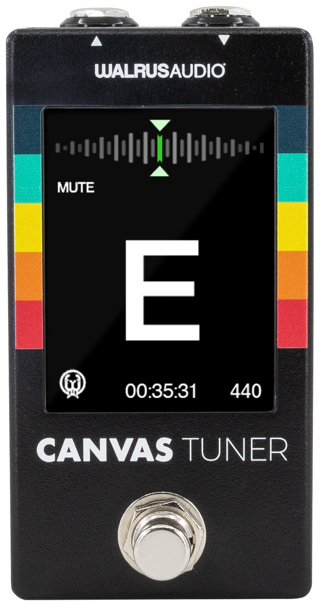 Walrus Audio Canvas Tuner, front view, black housing with colour screen showing tuner display and footswitch