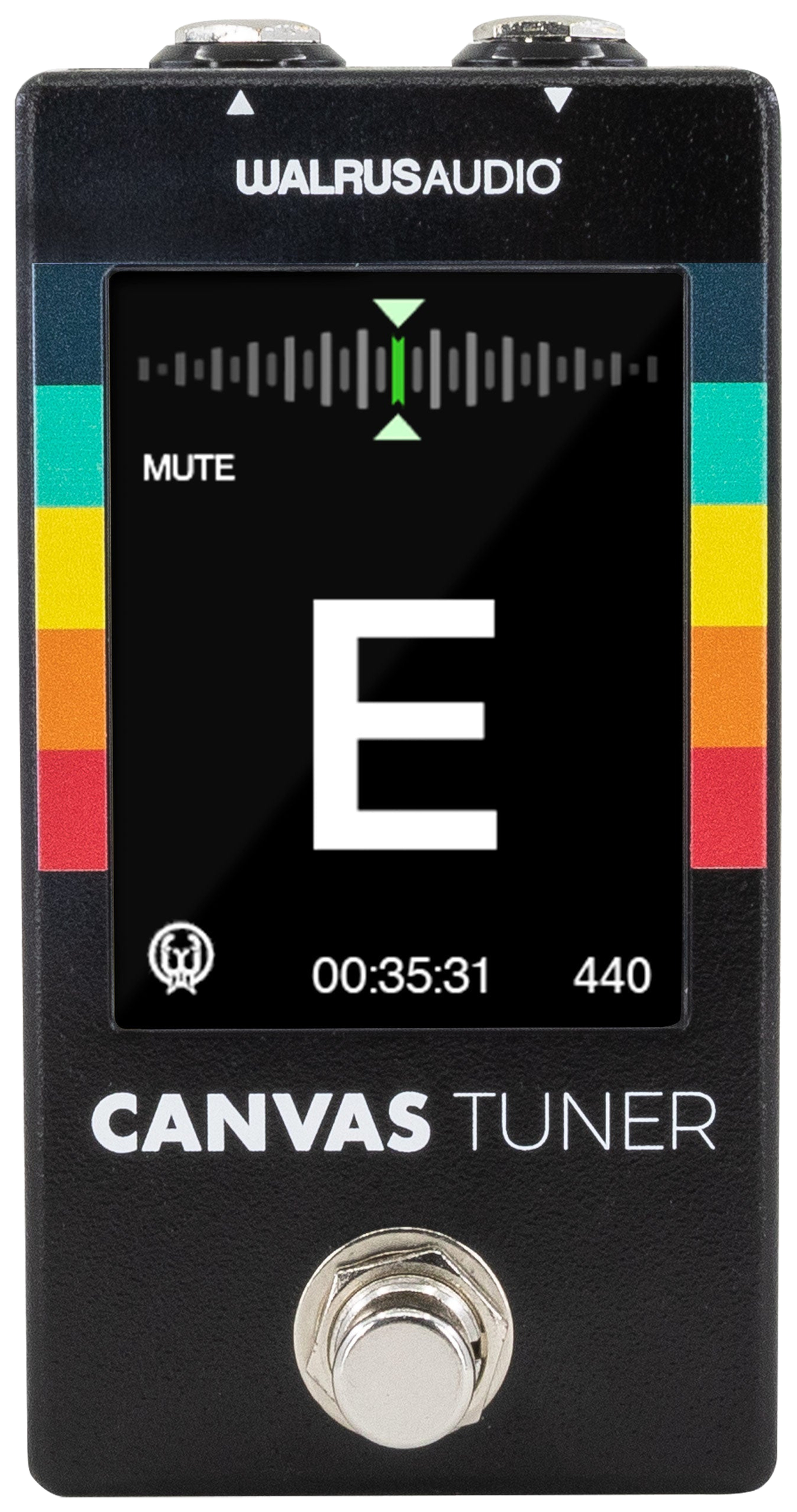 Walrus Audio Canvas Tuner, front view, black housing with colour screen showing tuner display and footswitch