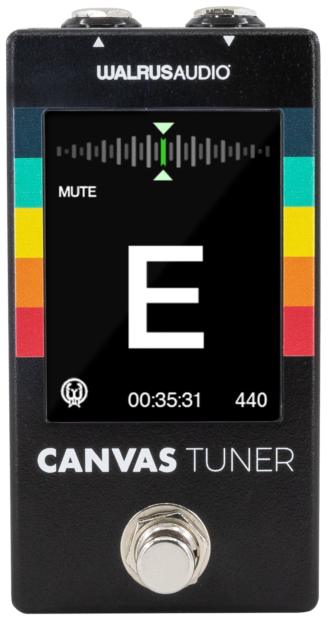 Walrus Audio Canvas Tuner, front view, black housing with colour screen showing tuner display and footswitch