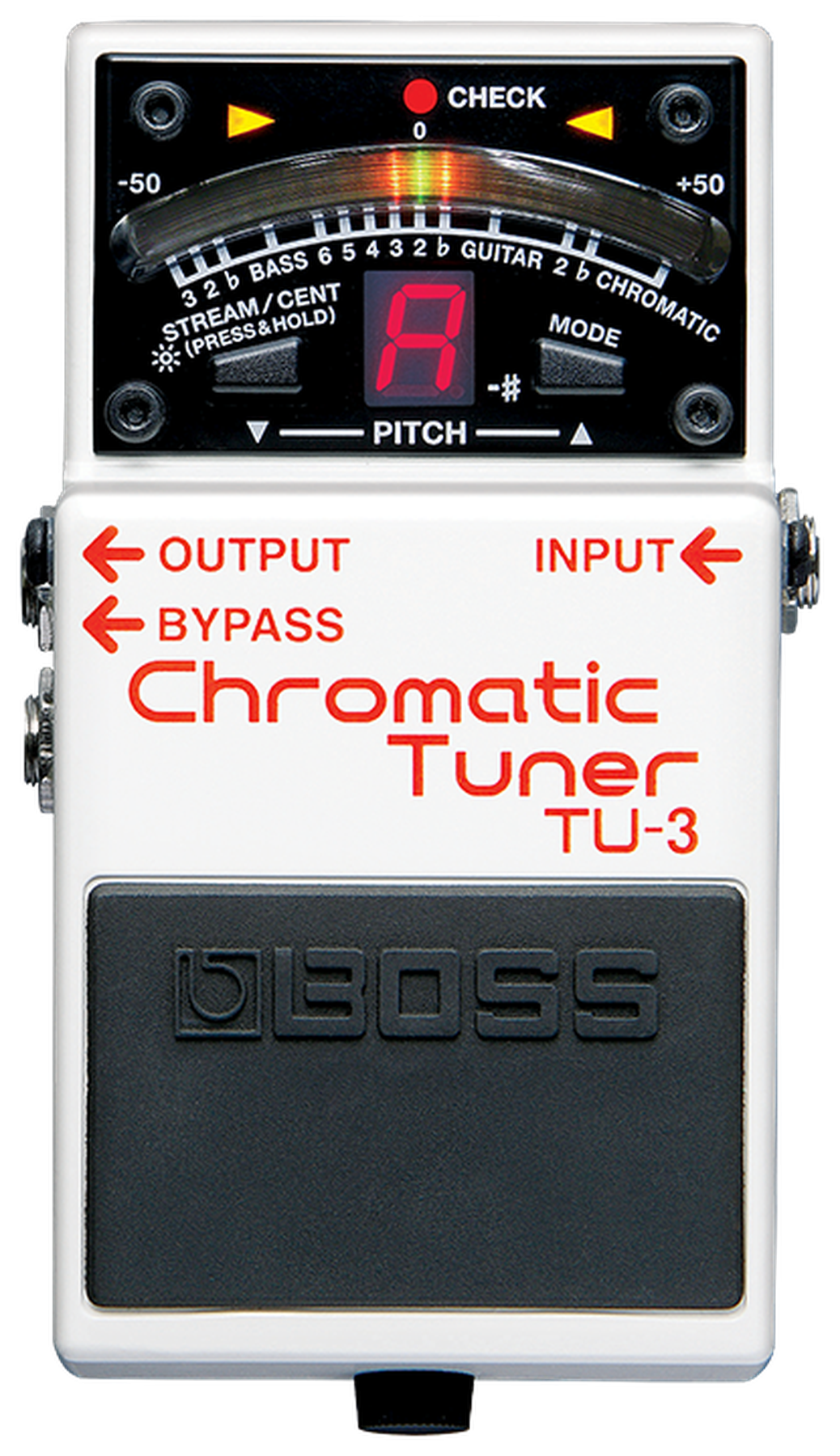 BOSS TU-3 Chromatic Tuner, top-down view, white enclosure, LED meter, Chromatic Tuner TU-3 lettering, rubber footswitch