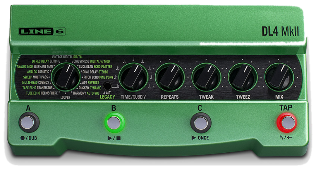 Line 6 DL4 MkII, front view, green enclosure, model selector, four footswitches with Tap