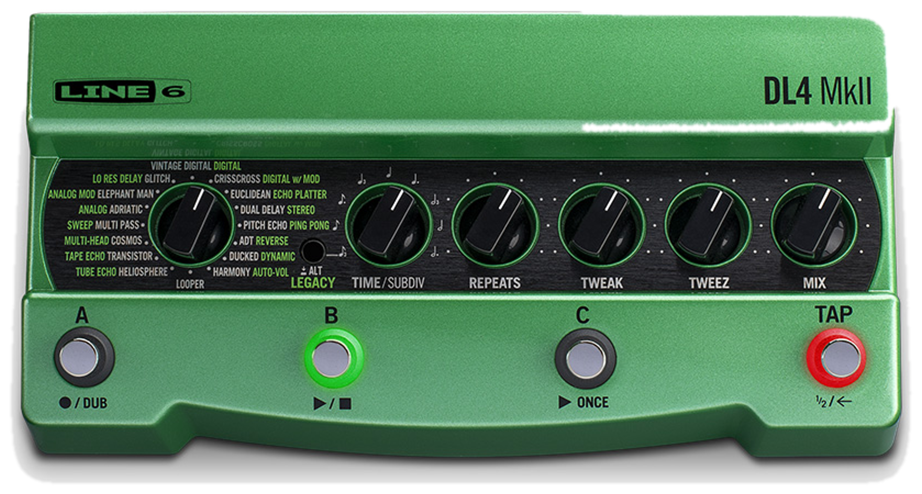 Line 6 DL4 MkII, front view, green enclosure, model selector, four footswitches with Tap