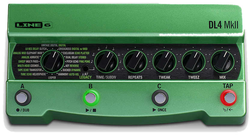 Line 6 DL4 MkII, front view, green enclosure, model selector, four footswitches with Tap