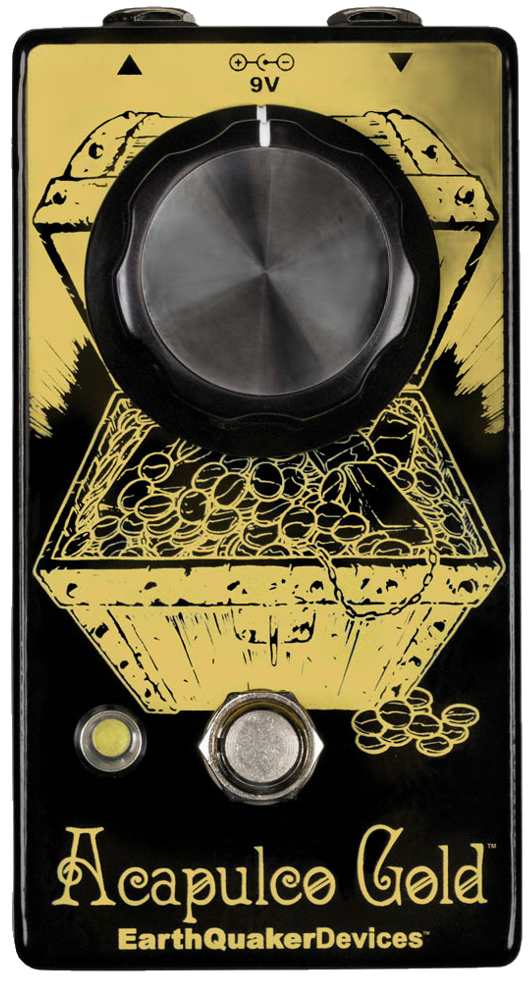 EarthQuaker Devices Acapulco Gold V2, top-down view, black and gold enclosure, large black knob, treasure chest artwork