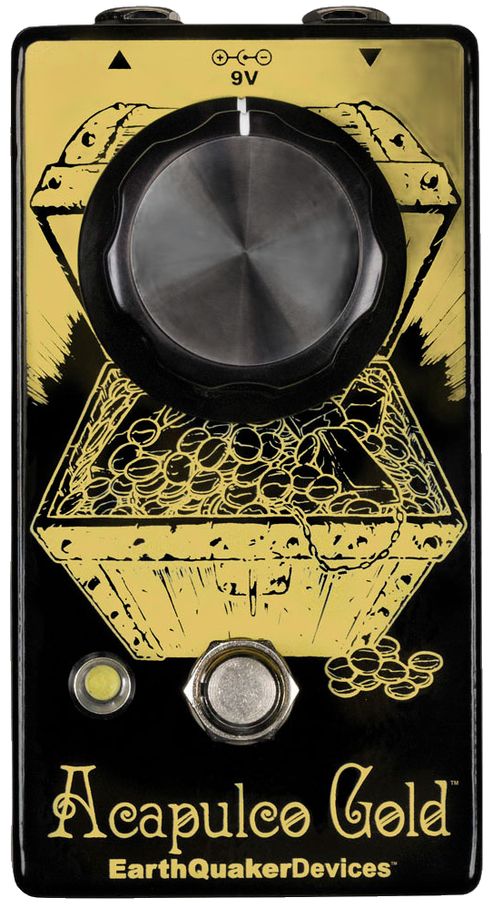 EarthQuaker Devices Acapulco Gold V2, top-down view, black and gold enclosure, large black knob, treasure chest artwork