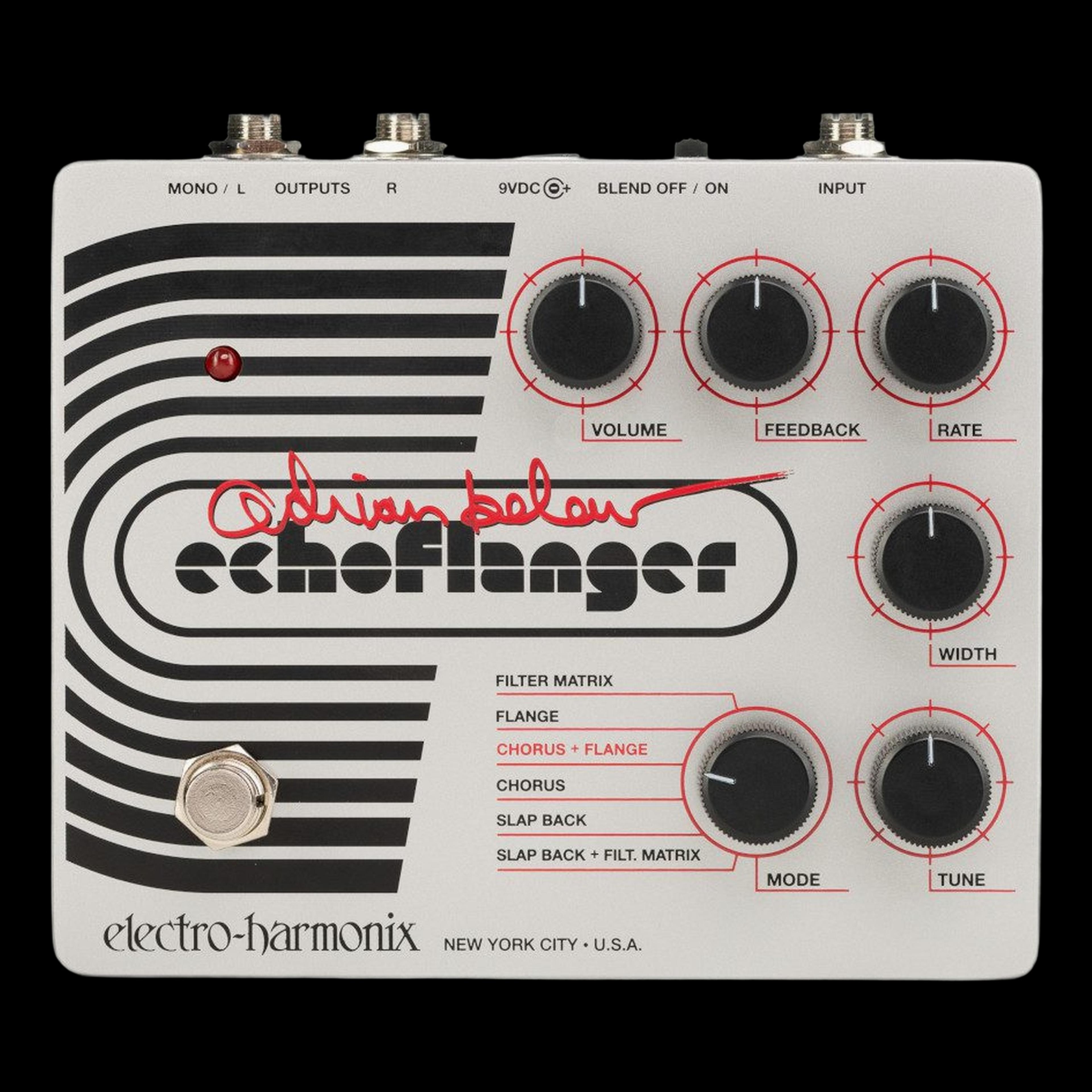 Electro-Harmonix Adrian Belew Echoflanger, top-down packshot, six knobs, MODE selector and red Belew signature